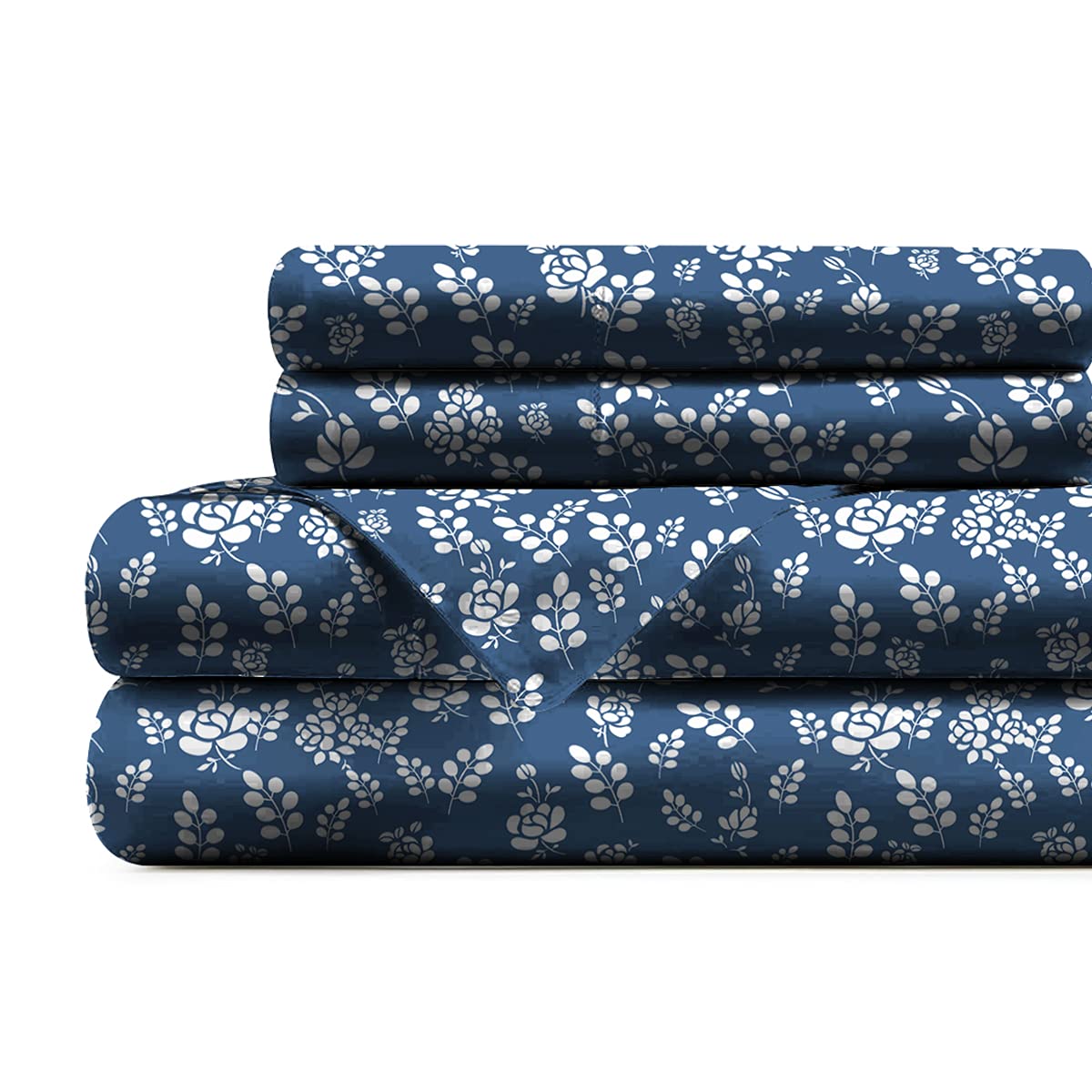 Lux Decor CollectionLDC Bed Sheets-4Pc California King Floral Sheets-High GSM Brushed Microfiber Sheets-Upto 16 Inches Deep Pocket Bedding Sheets & Pillowcases (California King, Floral Navy)