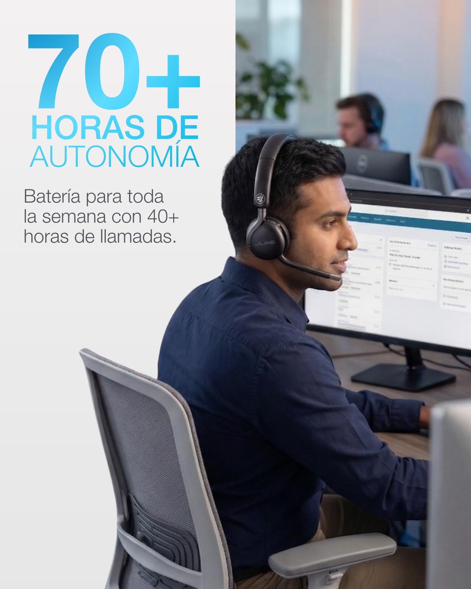 JLab Go Work 3 Auriculares Inalámbricos con MicróFono - Cascos Inalámbricos PC Bluetooth con 70+ Horas de Batería, Cancelación de Ruido ENC, Conexión Multipoint y Dongle USB-C