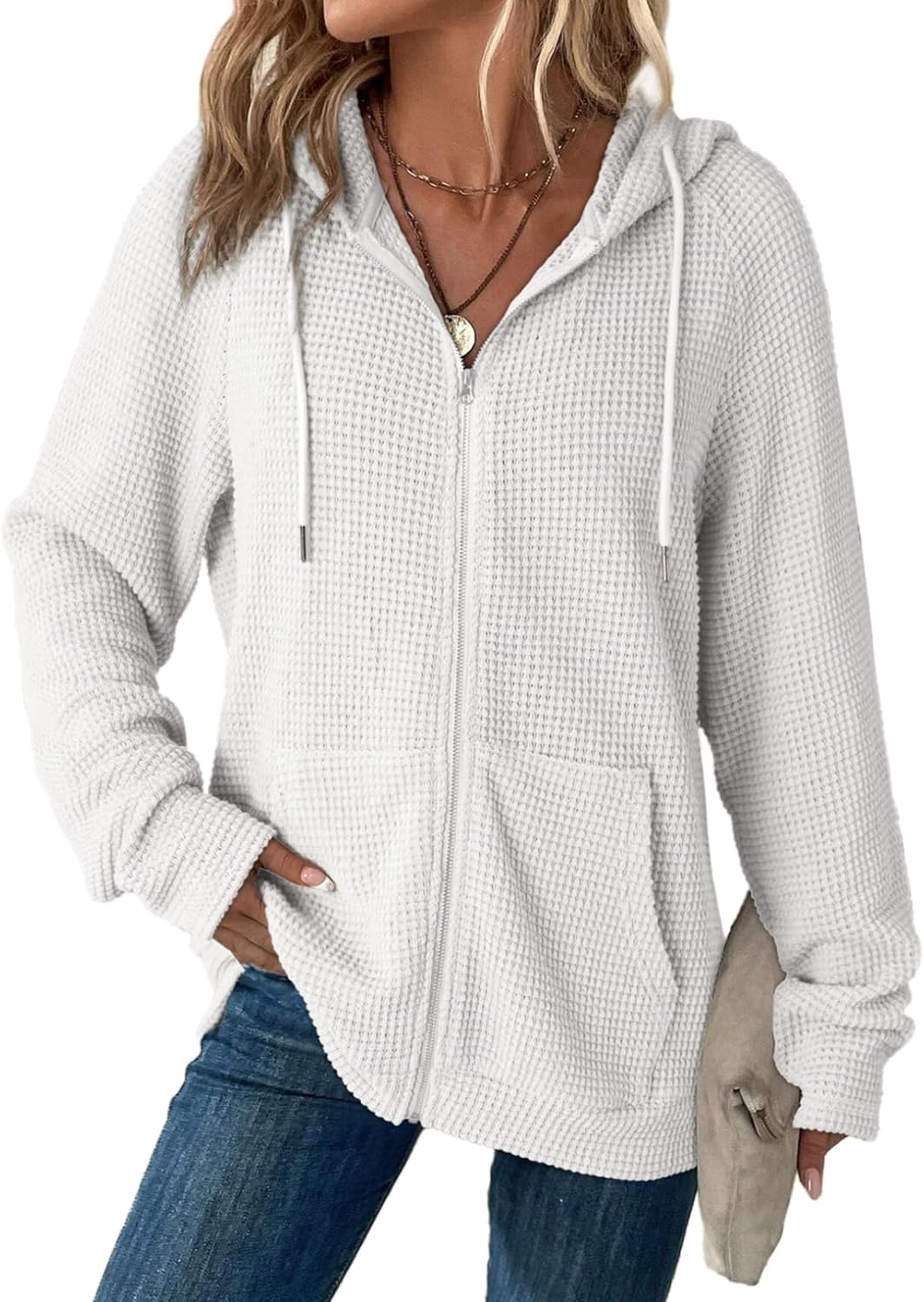 Dokotoo Women’s Full Zip Up Hoodies Waffle Knit Long Sleeve Drawstring Casual Sweatshirt Hooded Tops