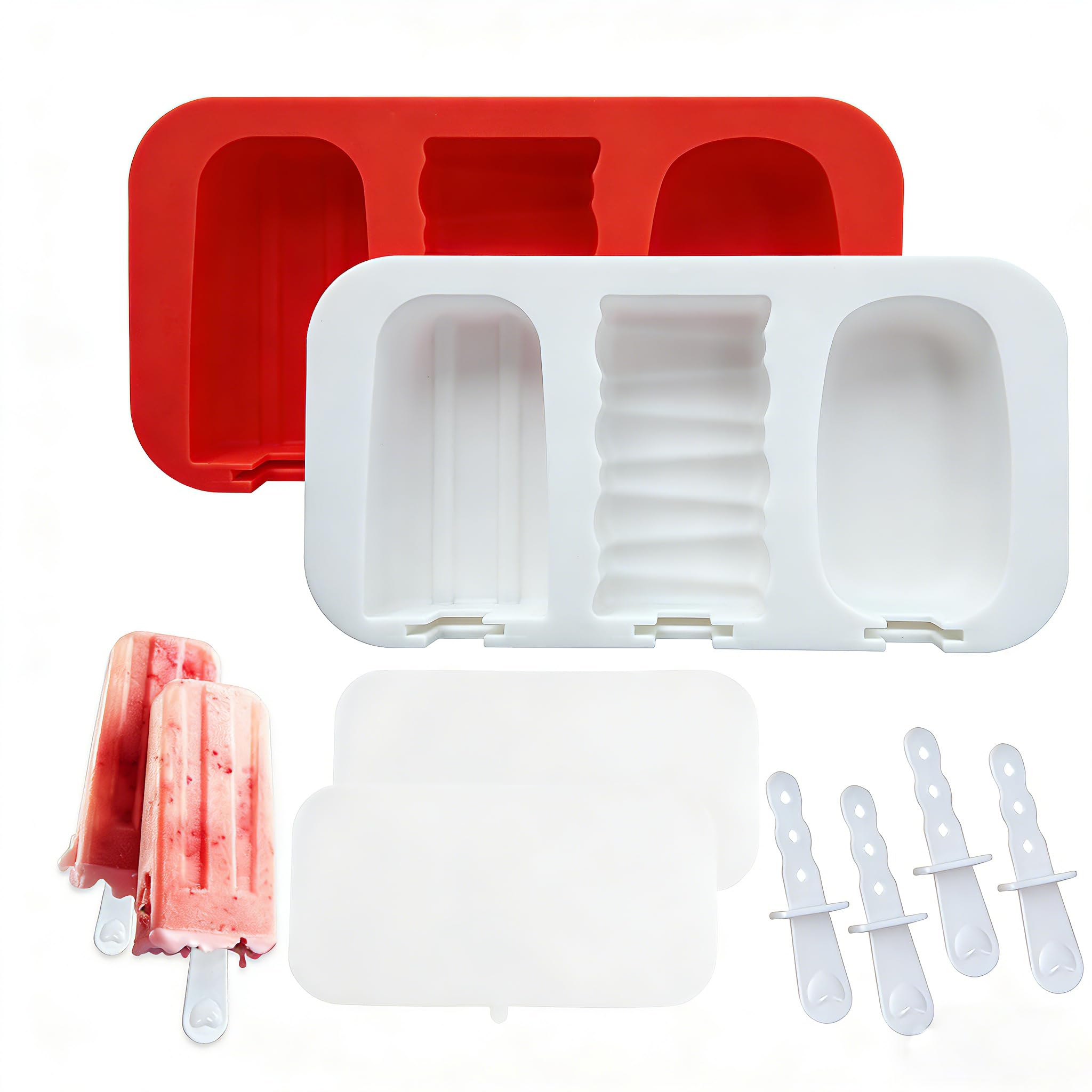 Ice Lolly Mould 2 Packs Silicone Popsicle Molds BPA Free Reusable Easy Release Stackable Ice Lolly Maker with Reusable Sticks and Covers for Homemade Ice Cream Mould Cakesicle (Red and White)
