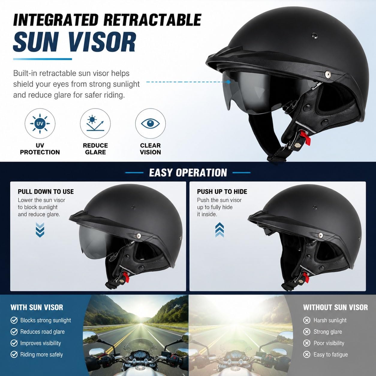 Kask Otwarty Motocyklowy dla Dorosłych, Homologowany ECE, z Blendą Przeciwsłoneczną, Zapięcie Szybkozamykające, Regulowane Dopasowanie