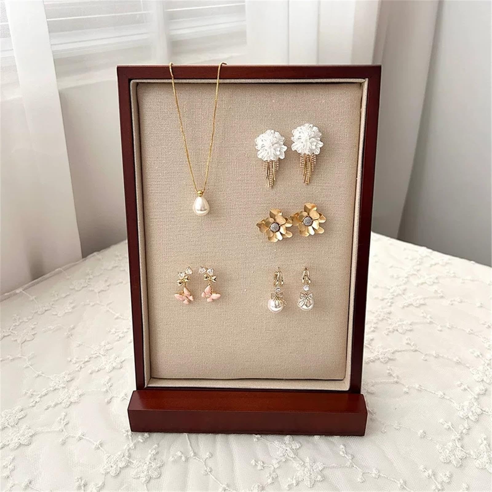 Porte-bijoux Présentoir de boucles d'oreilles en lin et bois style cadre photo