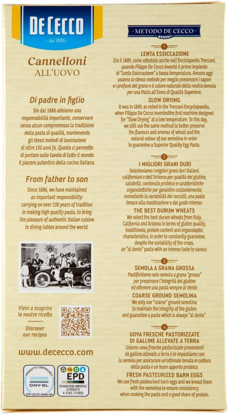 20 x De Cecco Pasta Canelones n. 100 Uovo Pasta de huevo 250 g