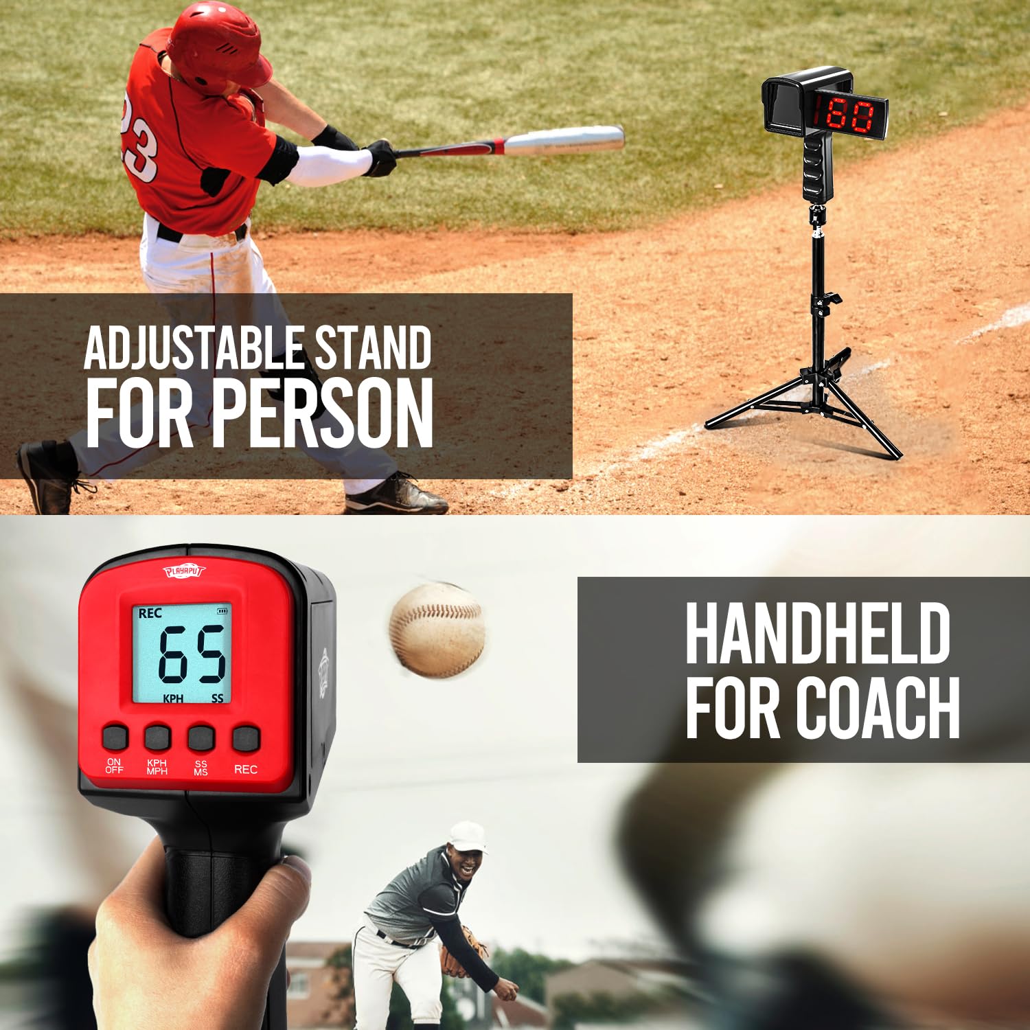 PLAYAPUT Pistole radar da baseball, sensori di velocità, attrezzatura per l'allenamento della velocità da baseball con display LED+LCD più grande, pistola radar di velocità portatile o a mani libere