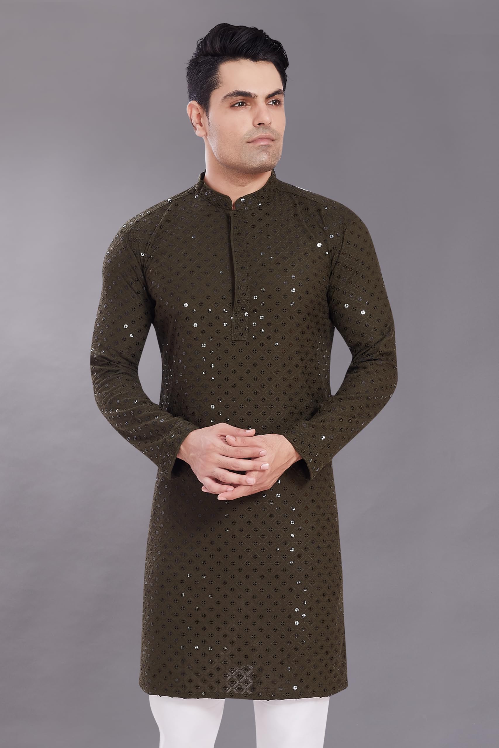 Divisive Men's Sequince Embroidered Cotton Blend Only Slim Fit Kurta (Dkrt524_Xxxl_Mehndi)