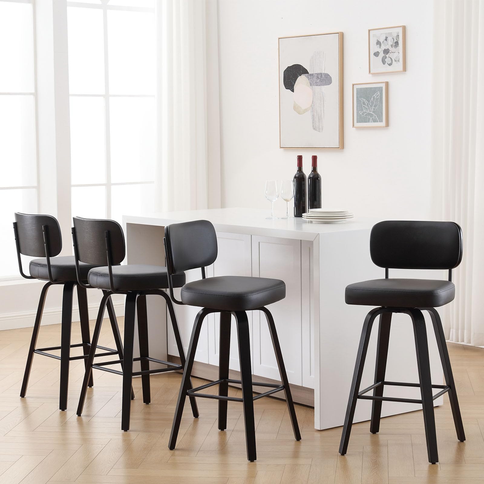 Bekrvio Swivel Counter Height Bar Stools Set of 4, 26" Upholstered Faux Leather Barstools with Back, Bar Chairs Island Stools for Kitchen Counter,