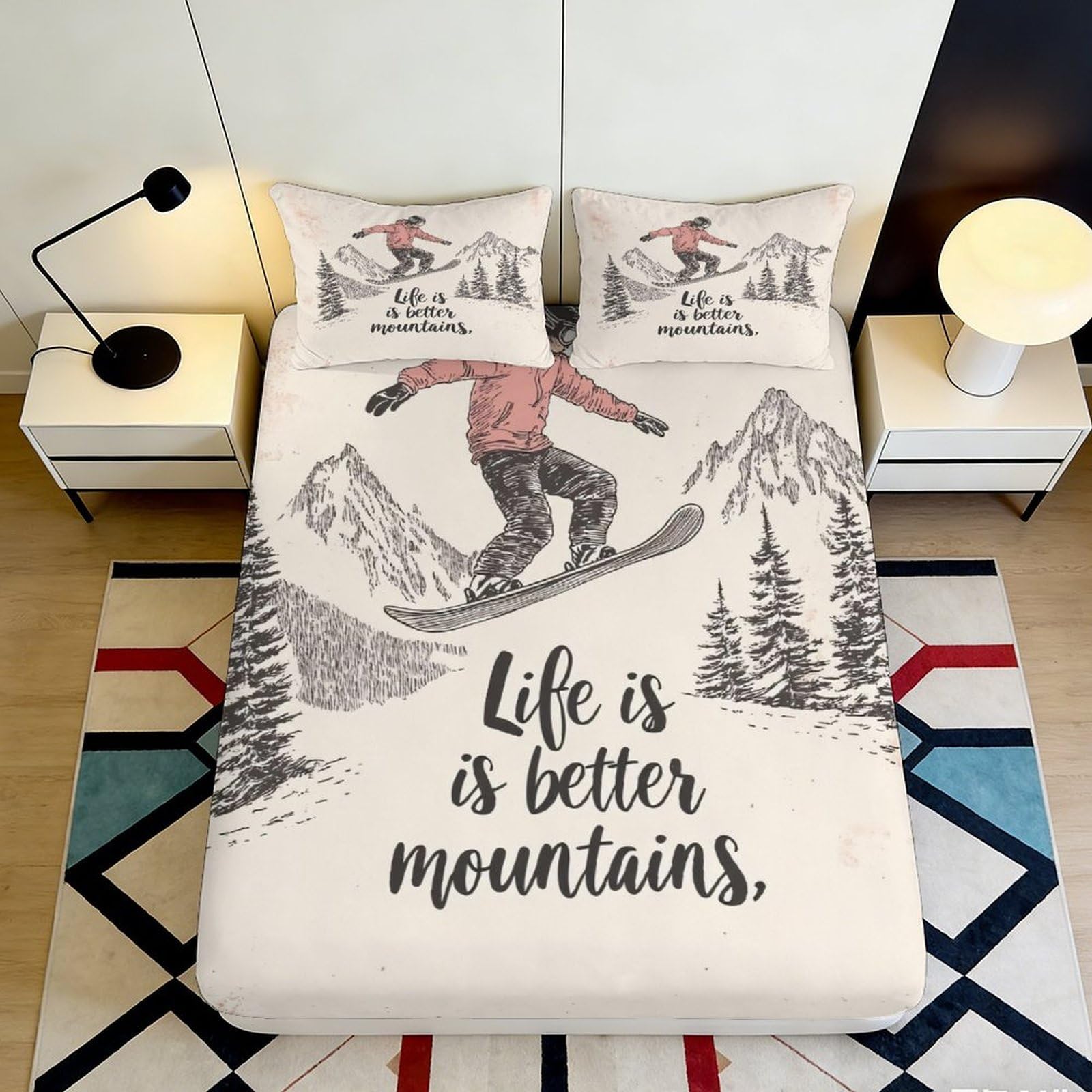 Pnayamiorkfel Style-10 3D Printed Snowboard Mountain Fitted Sheet Microfiber Soft Anti-Slip Bed Cover Winter Landscape Bedroom Decor 90X200x25cm