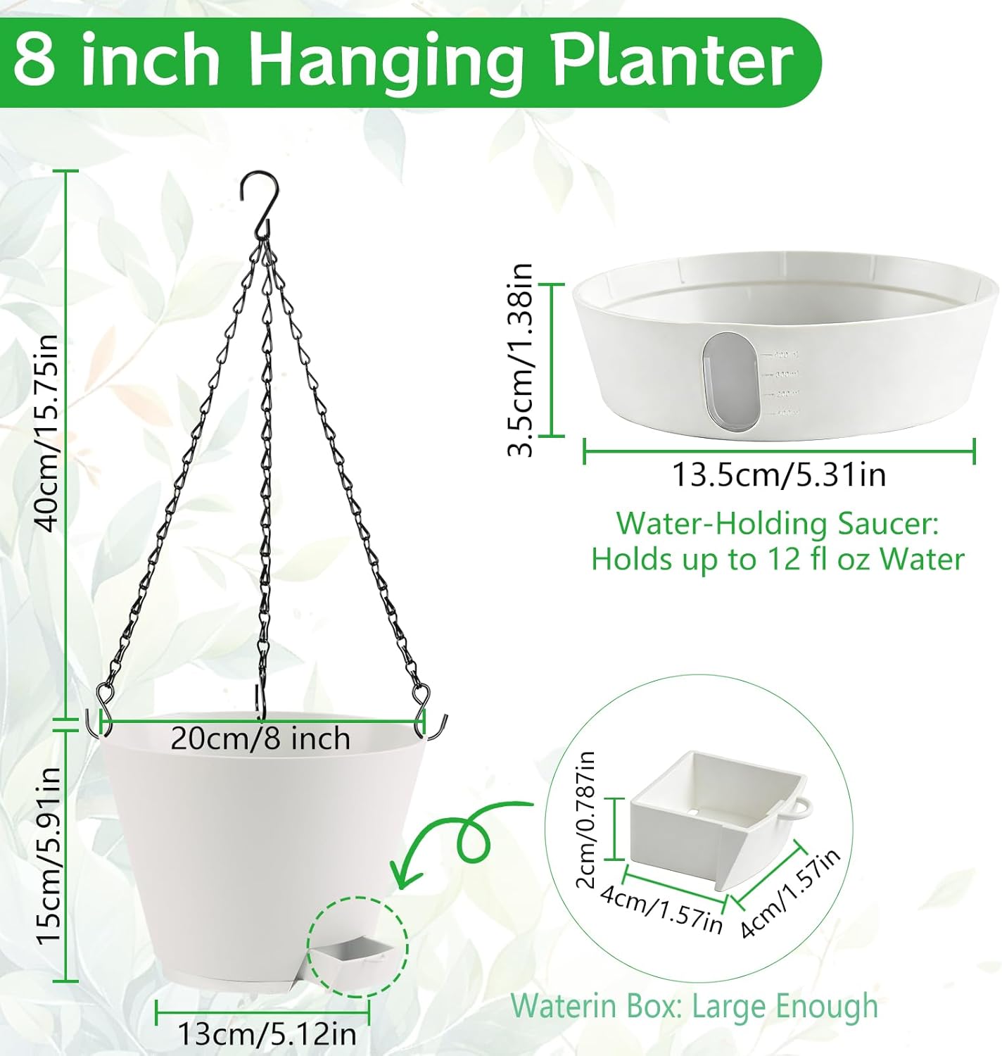 8 Inch Hanging Planters Indoor Outdoor, 3 Pack Plastic Self Watering Plant Pots with Drainage Holes & Saucers, Hanging Baskets Flower Pots with Chain for Ivy, Spider Plant, Pothos, Ferns