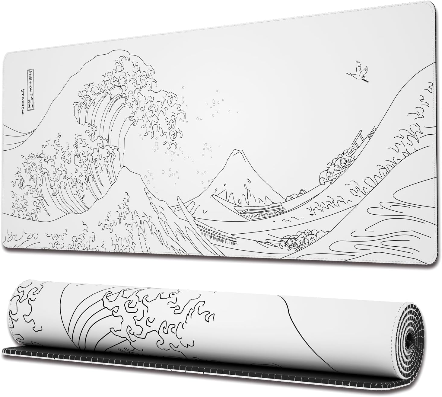 Ovenbird Gaming Mouse Pad with Stitched Edges, Japanese Sea Wave Large Mouse Pad, Extended XL Anime Mousepad Gaming with Anti-Slip Base, Cool Black and White Mouse Pad for Desk, 31.5 x 11.8 in, White