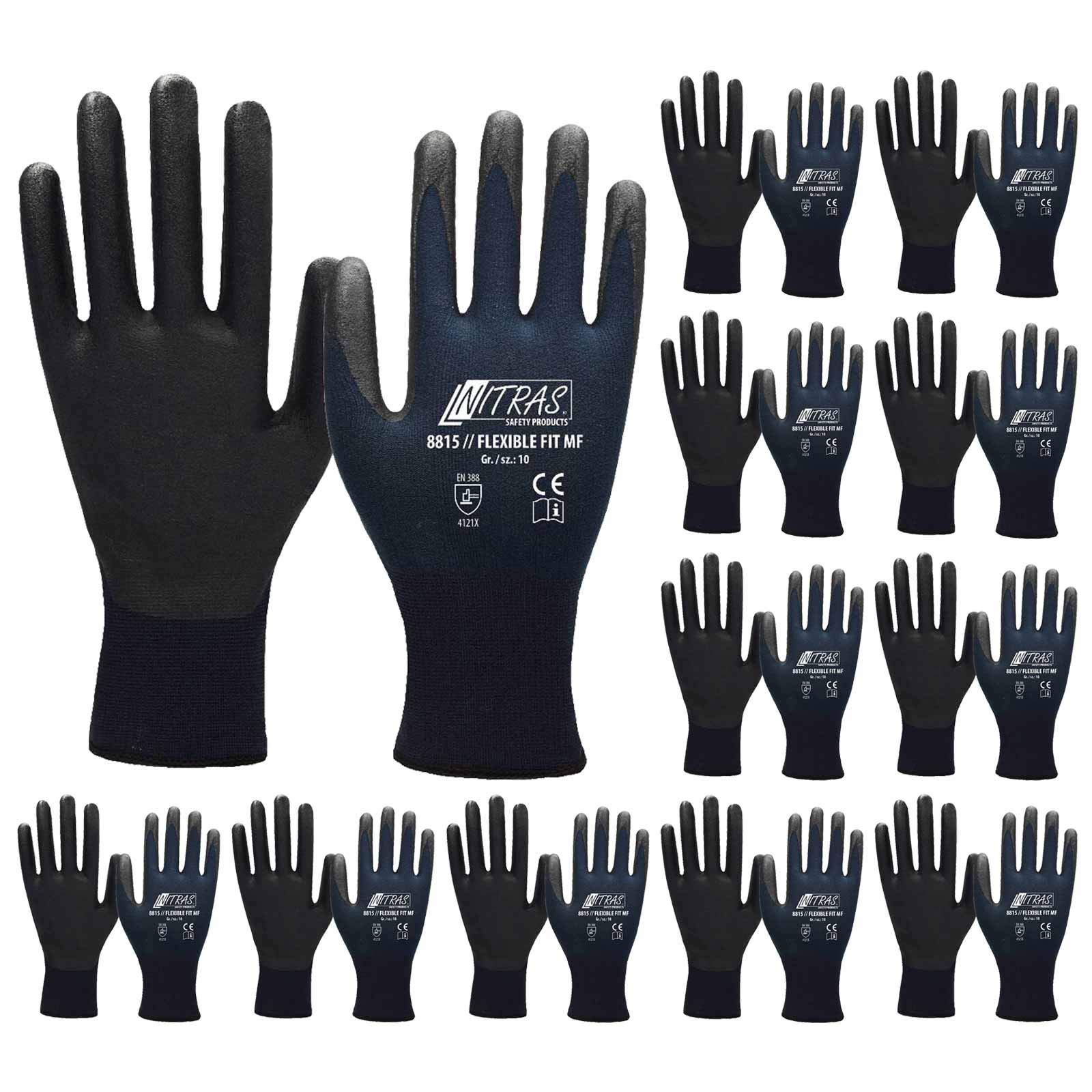 Nitras Lot de 12 paires de gants de travail flexibles FIT MF 8815 avec revêtement partiel sur la paume et les doigts