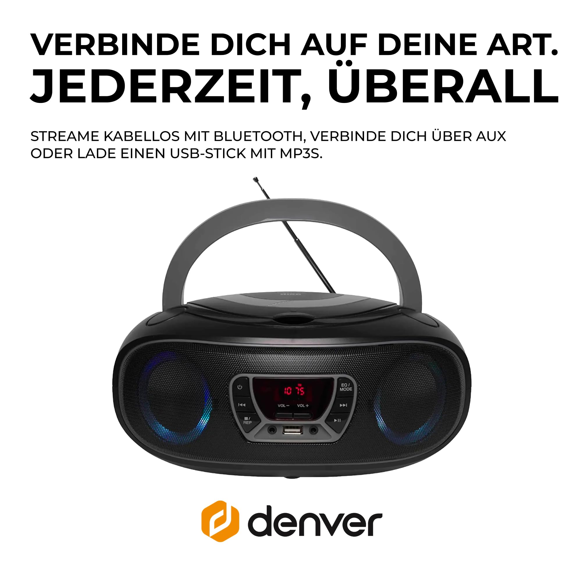 Denver TCL-212BT CD-Player Boombox Bluetooth USB FM-Radio Grau | Toplader, MP3-Wiedergabe, AUX-Eingang, Kopfhöreranschluss, LED-Licht, Netz- oder Batteriebetrieb