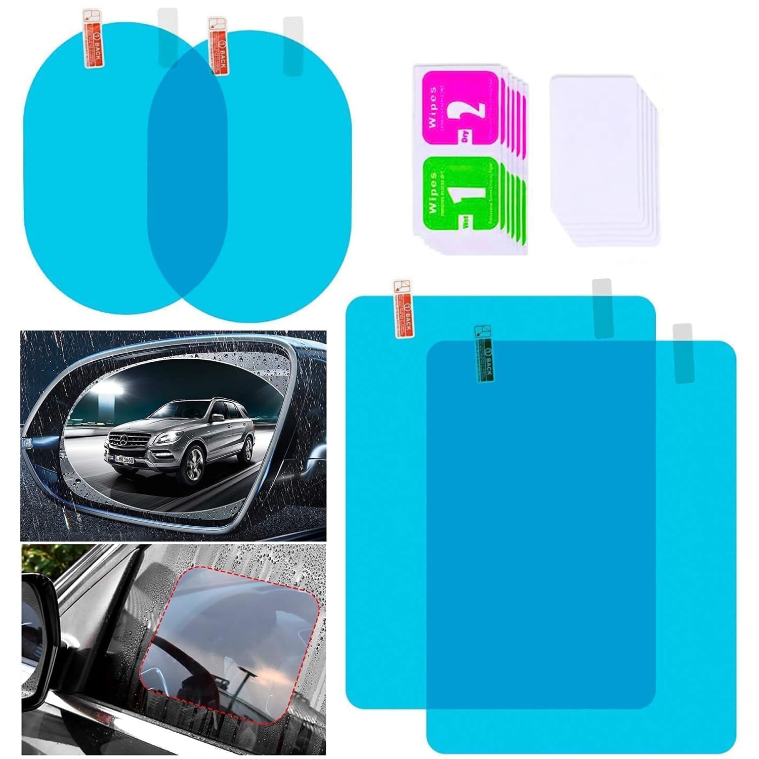 MERISH Rearview Mirror Film Rainproof Waterproof Mirror Film Anti Fog Clear Nano Coating Car Film for Car Rear View Mirrors Side Windows Stickers for car (2 Oval + 2 Rectangle)
