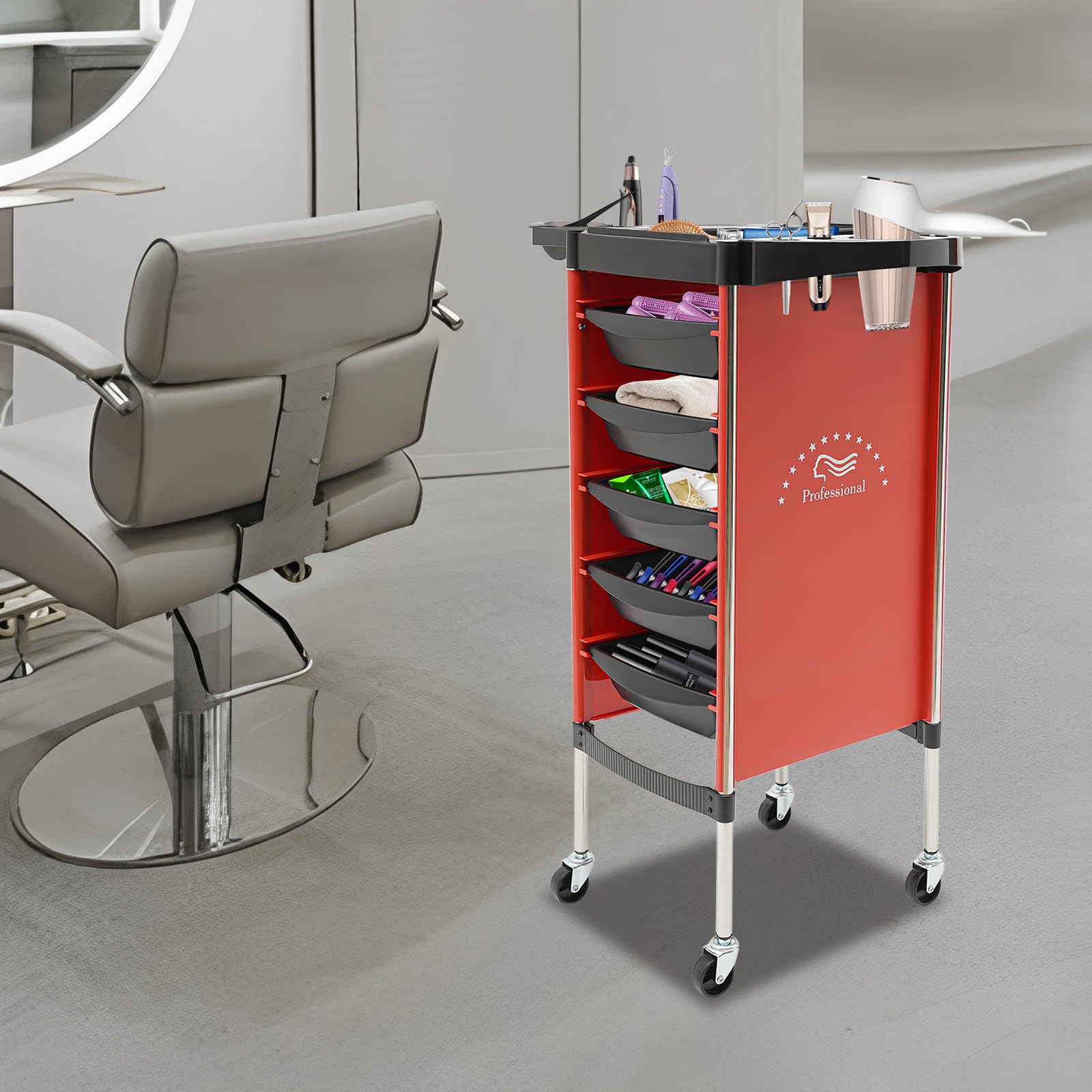 Chariot de coiffure 5 tiroirs 6 étages professionnel rouge