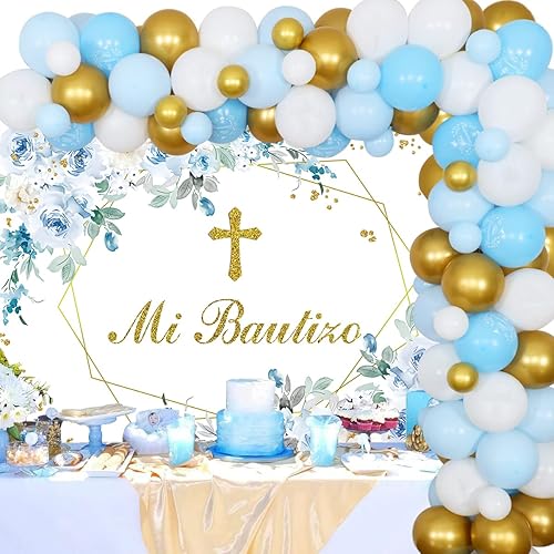 Miniatura 8 de Decoraciones de fiesta de bautismo, con telón de fondo verde Mi Bautizo, pancarta de globos verde salvia, kit de arco de guirnalda de arco de