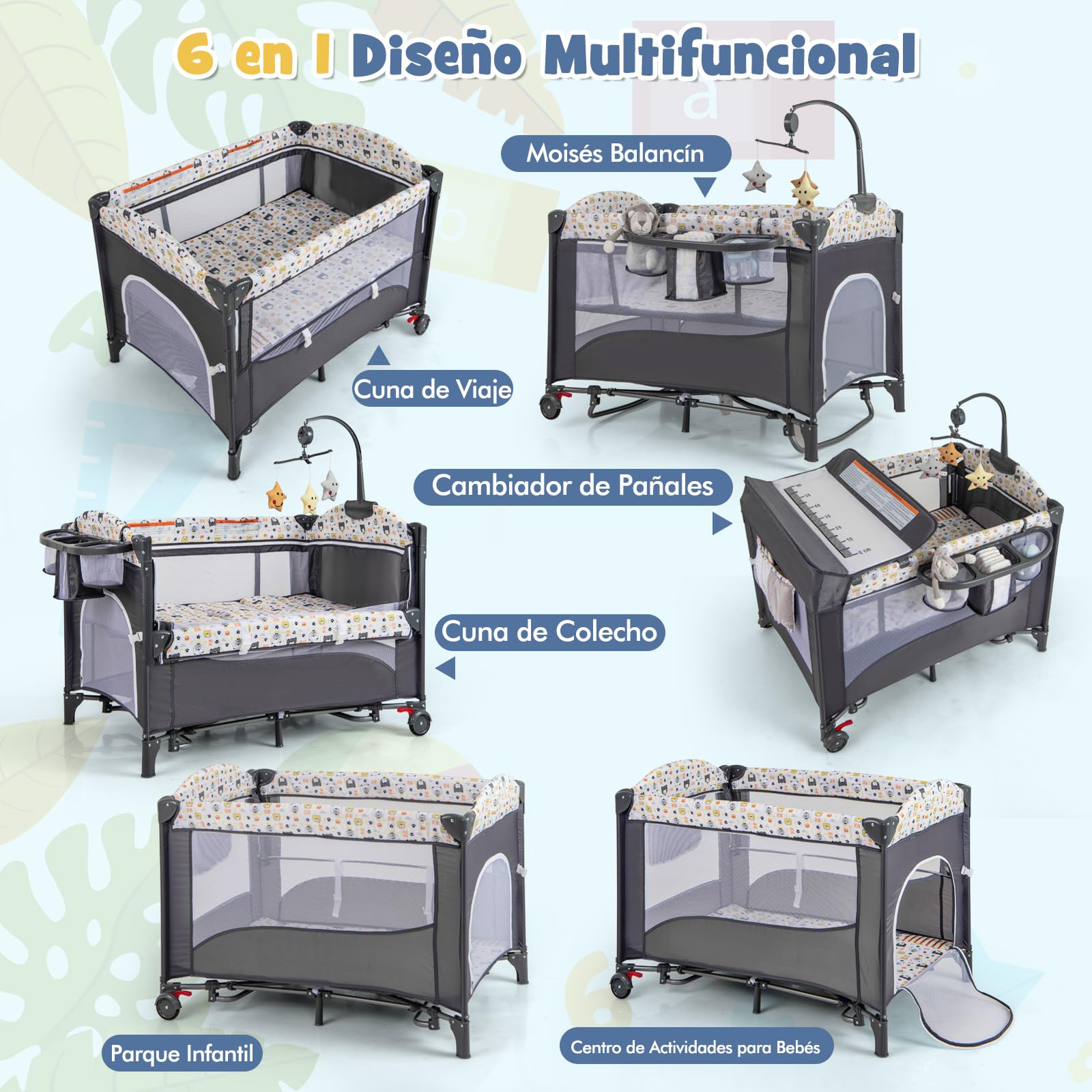 COSTWAY 5 en 1 Cuna de Viaje para Bebé con Colchón, Parque Infantil para Bebés con Cambiador de Pañales, Caja de Música y Juguetes Colgantes, Cuna Bebe con Bolsa de Almacenamiento (Gris)