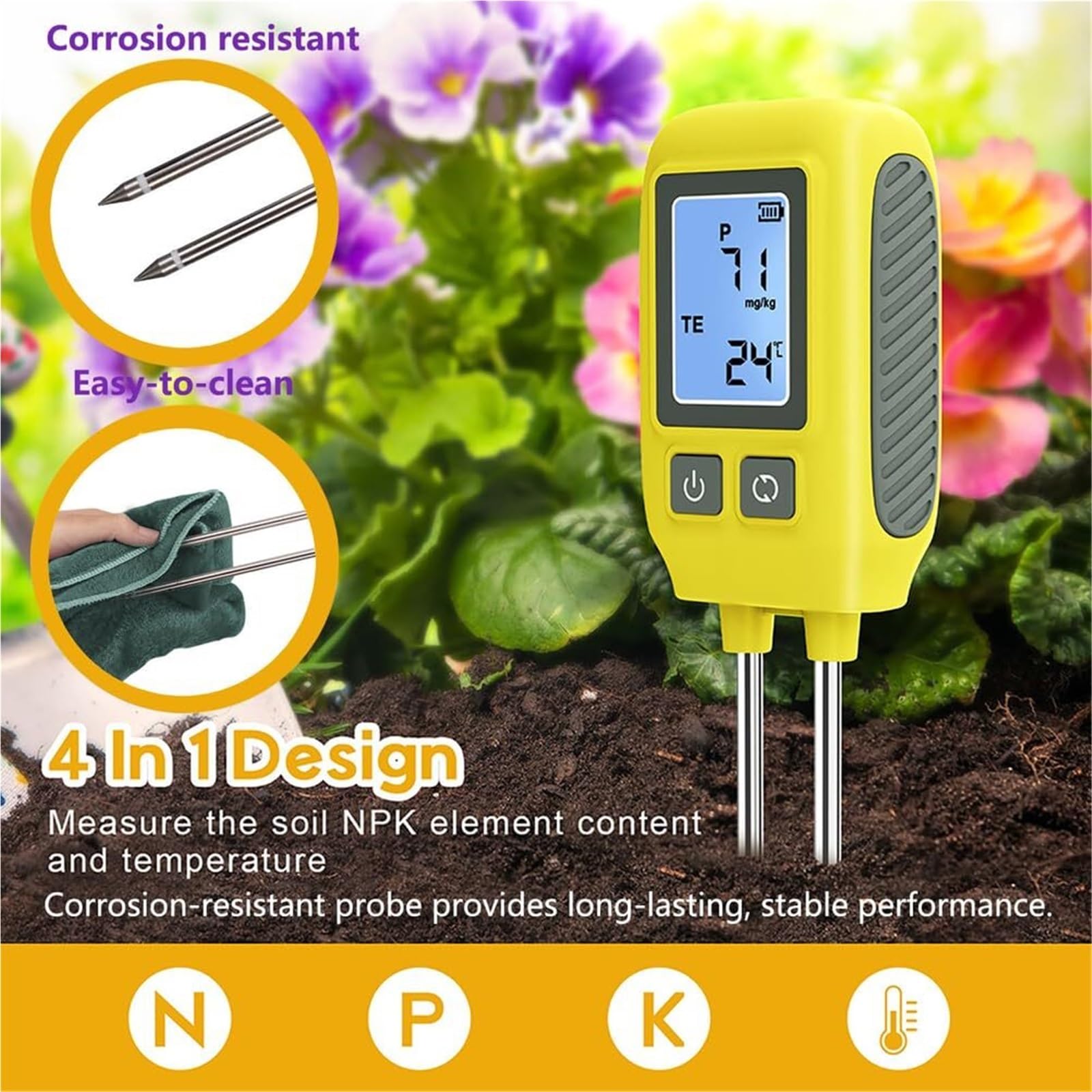 Probador de suelo NPK 4 en 1 LCD digital, medidor de fertilidad del suelo for nitrógeno, fósforo, potasio y temperatura, analizador de suelo de alta precisión