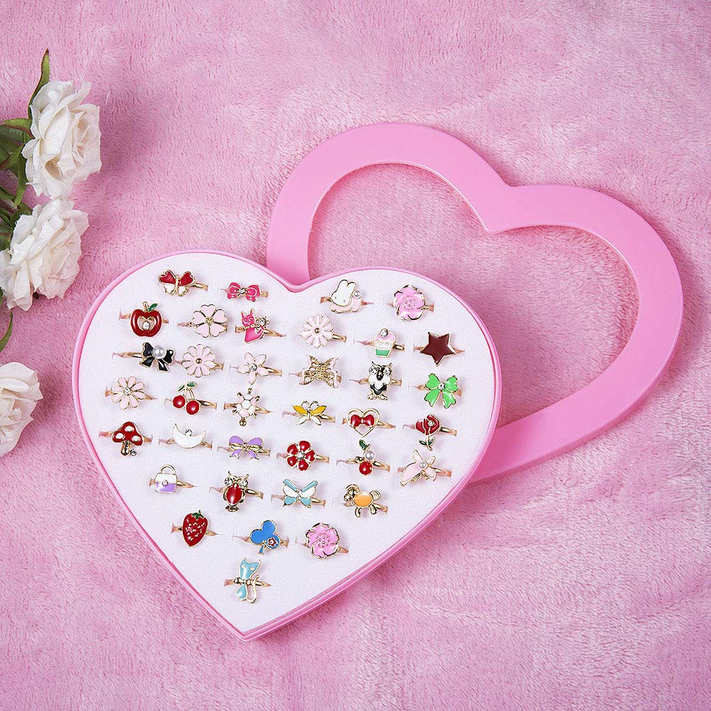 Diealles Shine 36 Pièces Bagues pour Enfants, Ensemble de Bagues Petites Filles avec Boîte Coeur Rose