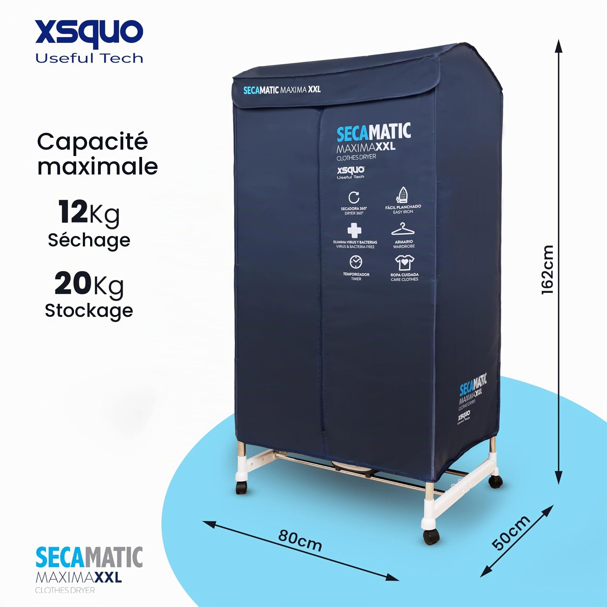 Sèche-linge par ventilation 1200 W, capacité de séchage 15 kg et 30 kg d'étendoir et d'armoire Minuterie 180 min, silencieux, multifonction Secamatics Maxima XXL