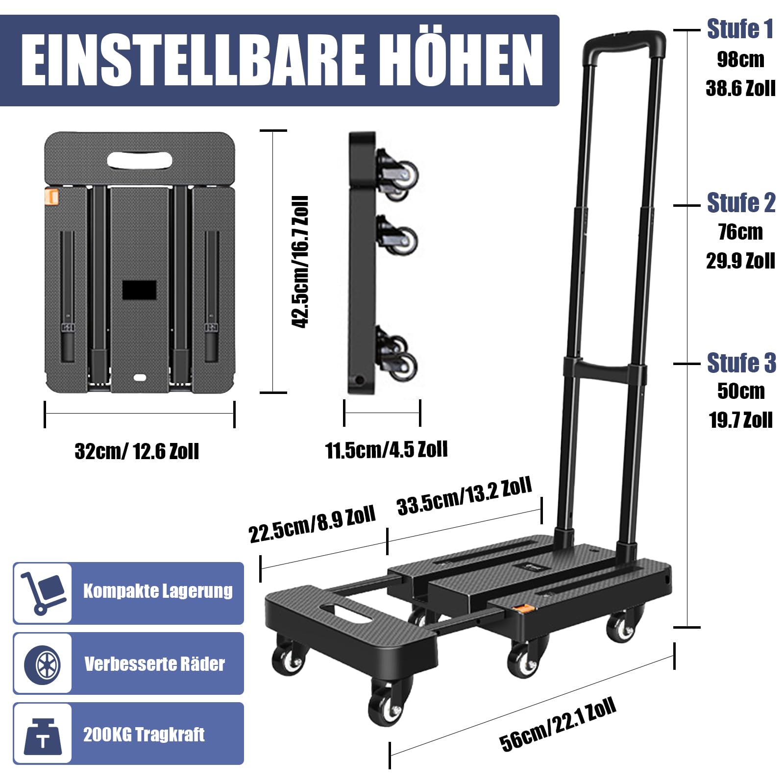 Sackkarre Klappbar, Transportwagen 200KG, Sackkarren Klappbare mit 6 Universal-Räder, Plattformwagen mit Verstellbarer Deichsel, 2 Flexibles Seil, für Gepäck, Einkaufen, Auto und Umzug, Schwarz