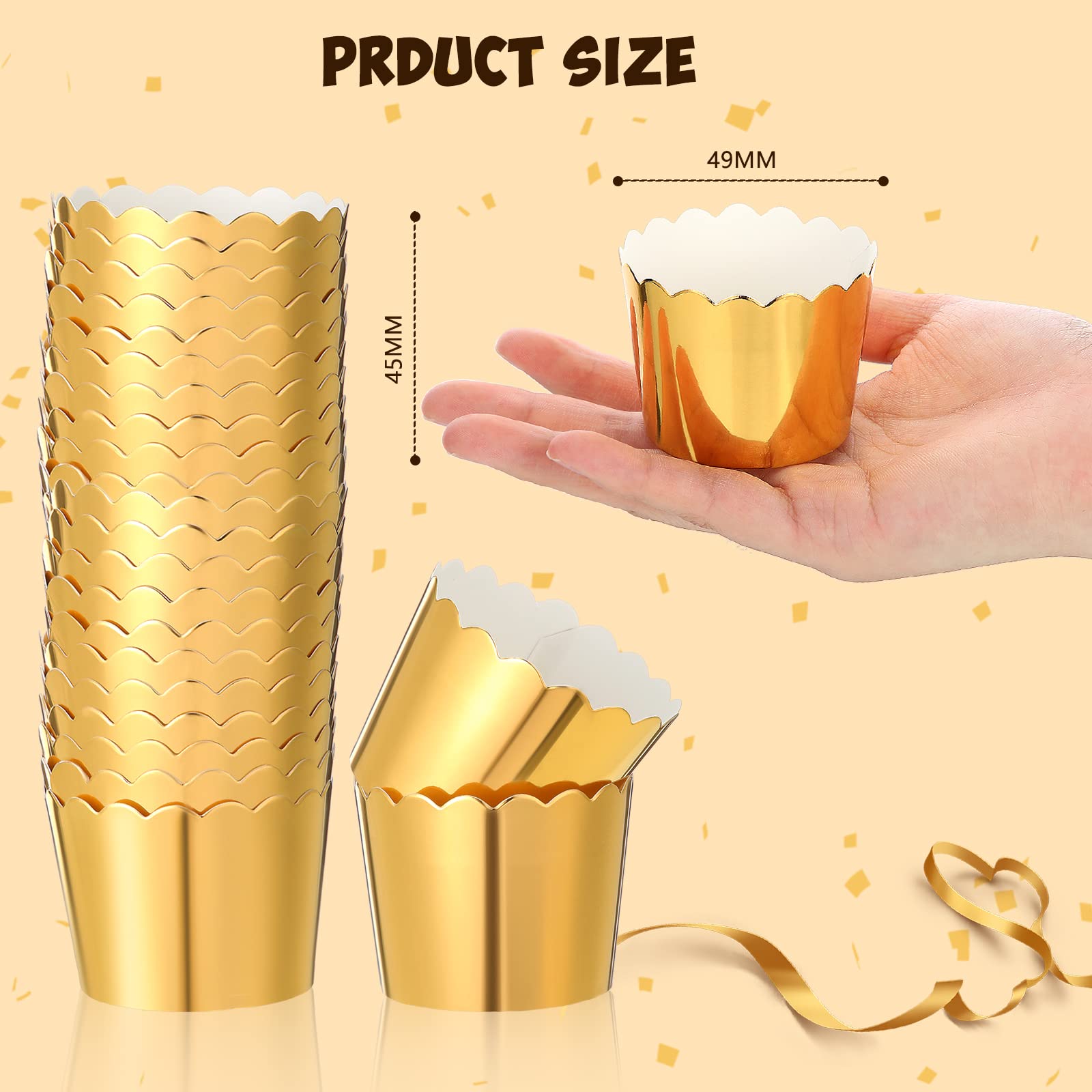 100 Pcs Foil Cupcake Liners Sturdy Muffin Baking Cups Cupcake Wrappers for Christmas Wedding Birthday Party Decoration, 1.93 x 1.8 Inch (Gold)