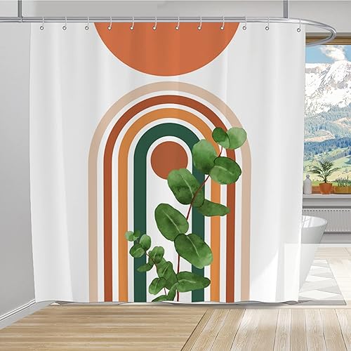 Jartinle Cortina de ducha bohemia con arco iris, moderno de mediados de siglo, diseño de eucalipto, minimalista, tela de poliéster, 72 x 72