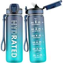 QLUR Water Bottle with Straw, 27oz Motivational Water Bottles with Time Marker to Drink, Tritan BPA Free, 750ml Sports Water Bottle with Carry Strap LeakProof for School Fitness Outdoor 1Pack