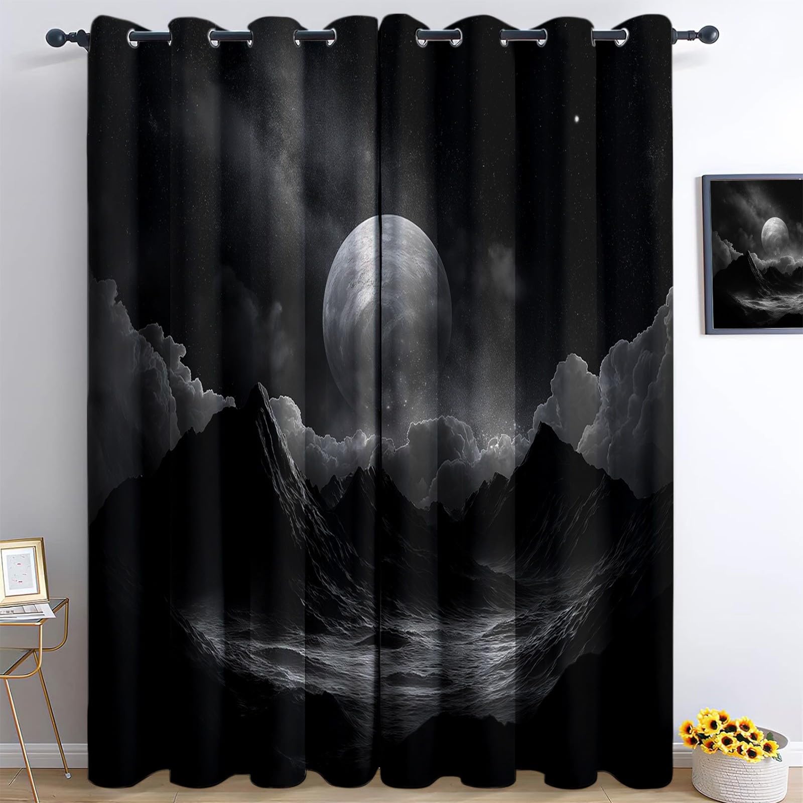 Cortinas Opacas para Niños, Montañas oscuras ,Térmicas Aislantes Frío y Calor, Reducción de Ruido, Protección de Intimidad, 280 x 260 cm para Hogar y Dormitorio Infantil estrella de la galaxia