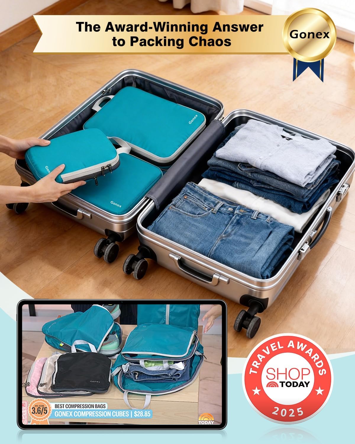 Gonex Compression Packing Cubes, 4pcs Expandable Storage Travel Luggage Bags Organizers (Blue)
