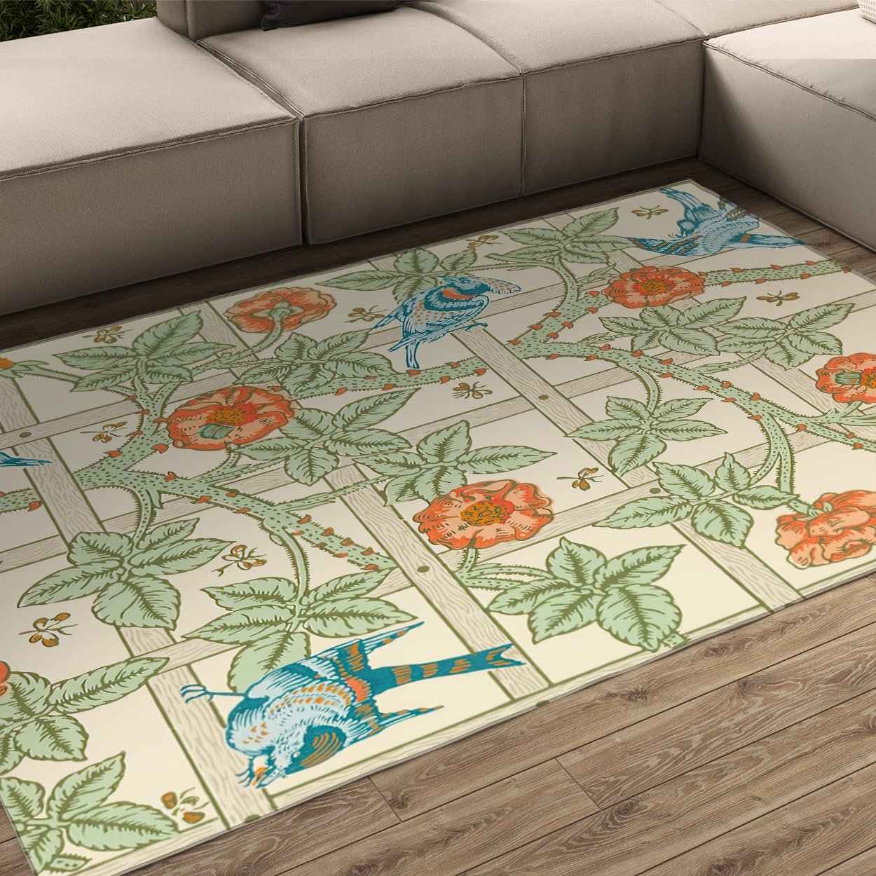 Botaniczne ptaki dywaniki 100x150 do salonu antypoślizgowe dywaniki zmywalne wiosenne kwieciste kraty w kratkę tekstura dywanik do łóżka nowoczesny vintage ultra cienkie niskie włosie sypialnia