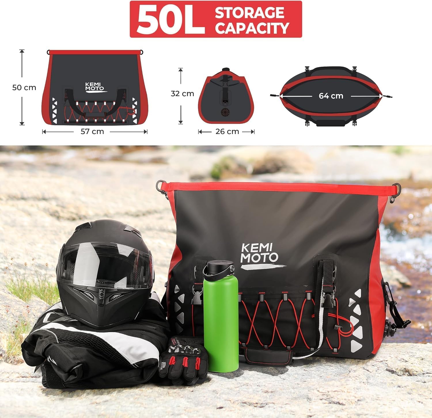 KEMIMOTO Motorcycle Dry Duffel Bag 50L Waterproof with Mounting Straps and Outside Pockets Motorcycle Luggage Gear Tail Bags - Image 3