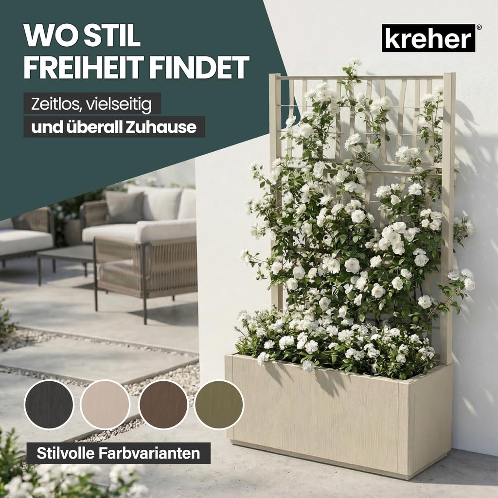 2 x Kreher® XL Rankgitter, Spalier mit Pflanzkasten aus robustem Kunststoff. Maße BxTxH in cm: 80 x 36 x 140 cm. Top für Garten, Terrasse und Balkon! (Beige)