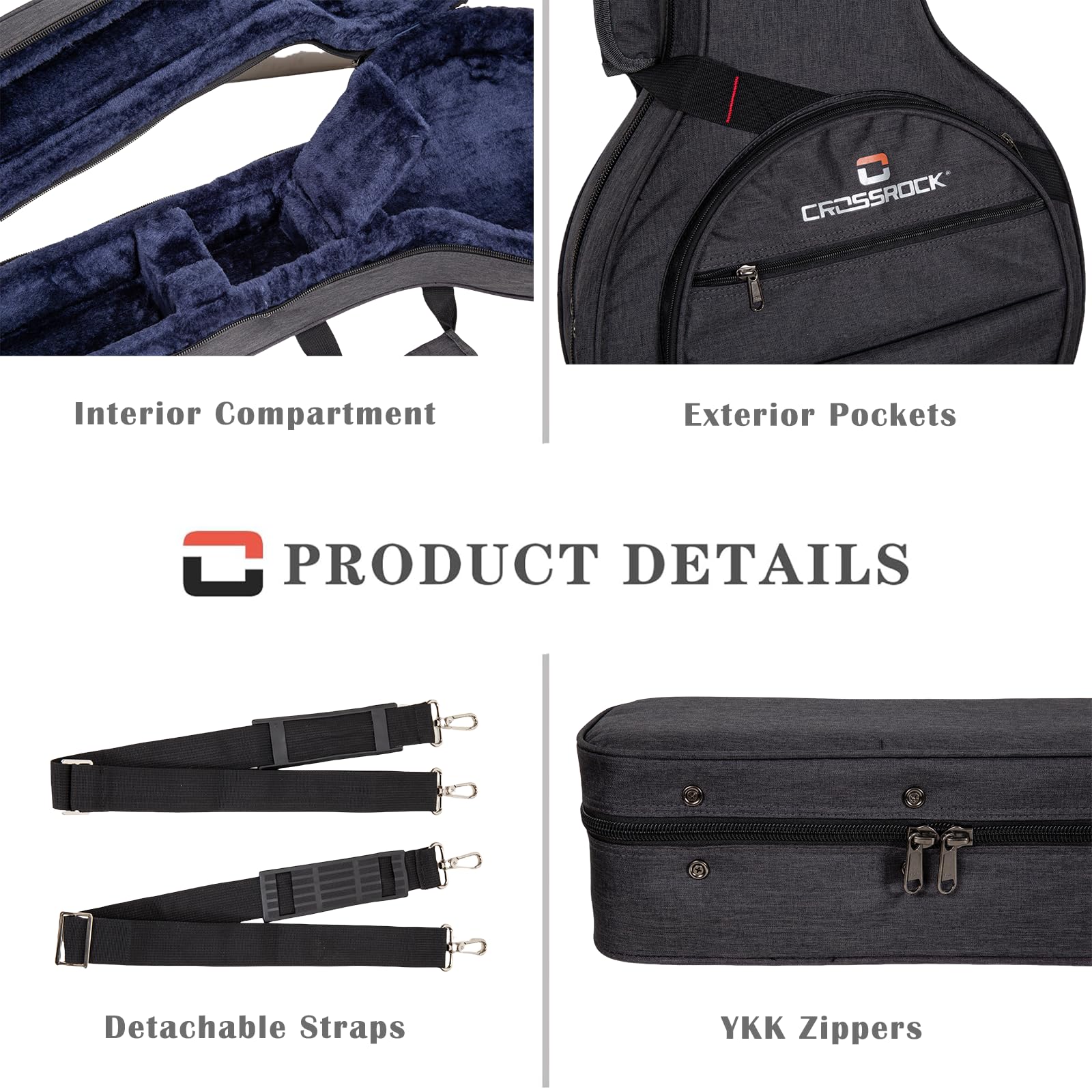 Crossrock Housse Mousse Légère pour Banjo 5 Cordes Résonateur & Ténor | Coque Oxford Dark Grey, Bretelles Sac à Dos, Compartiment de Rangement – Étui Souple EPS