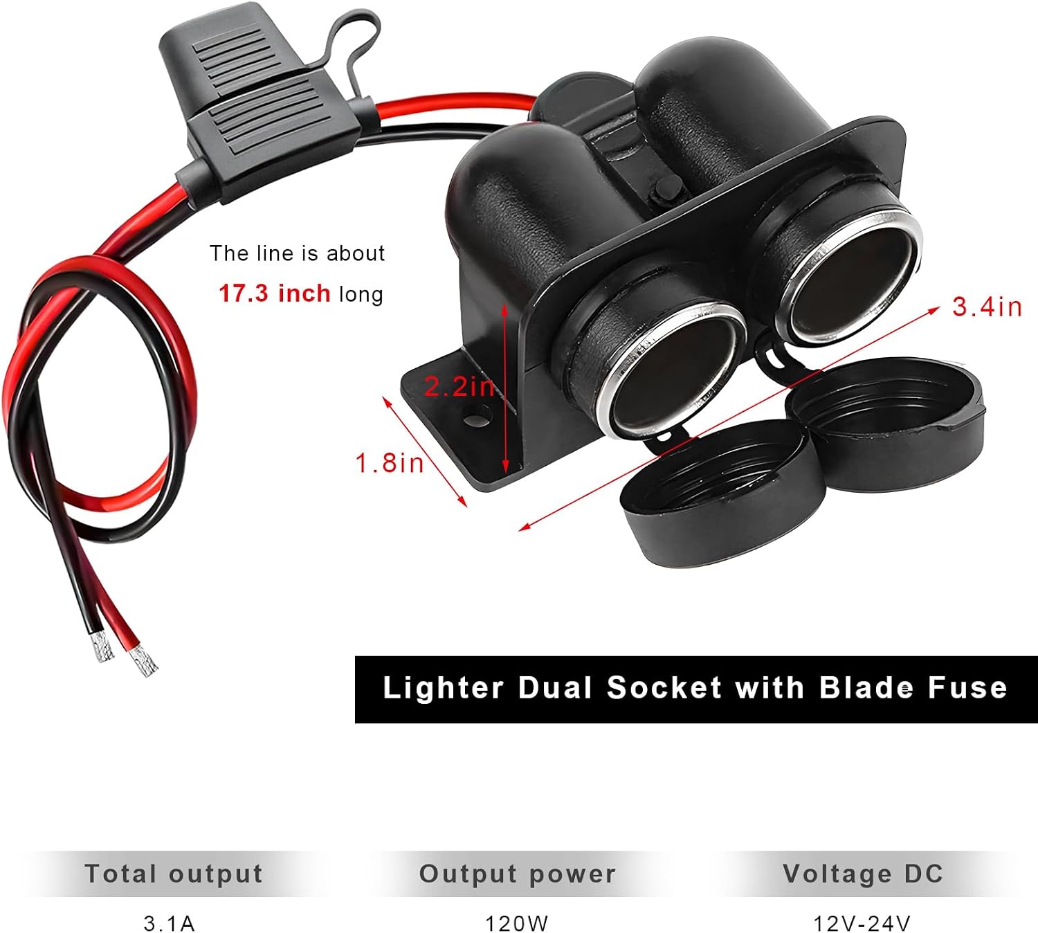 Cigarette Lighter Socket with Blade Fuse, Waterproof Auto Dual Socket Cigarette Lighter Splitter, 12V Power Outlet Splitter Replacement Plug for Car Marine Truck ATV RV