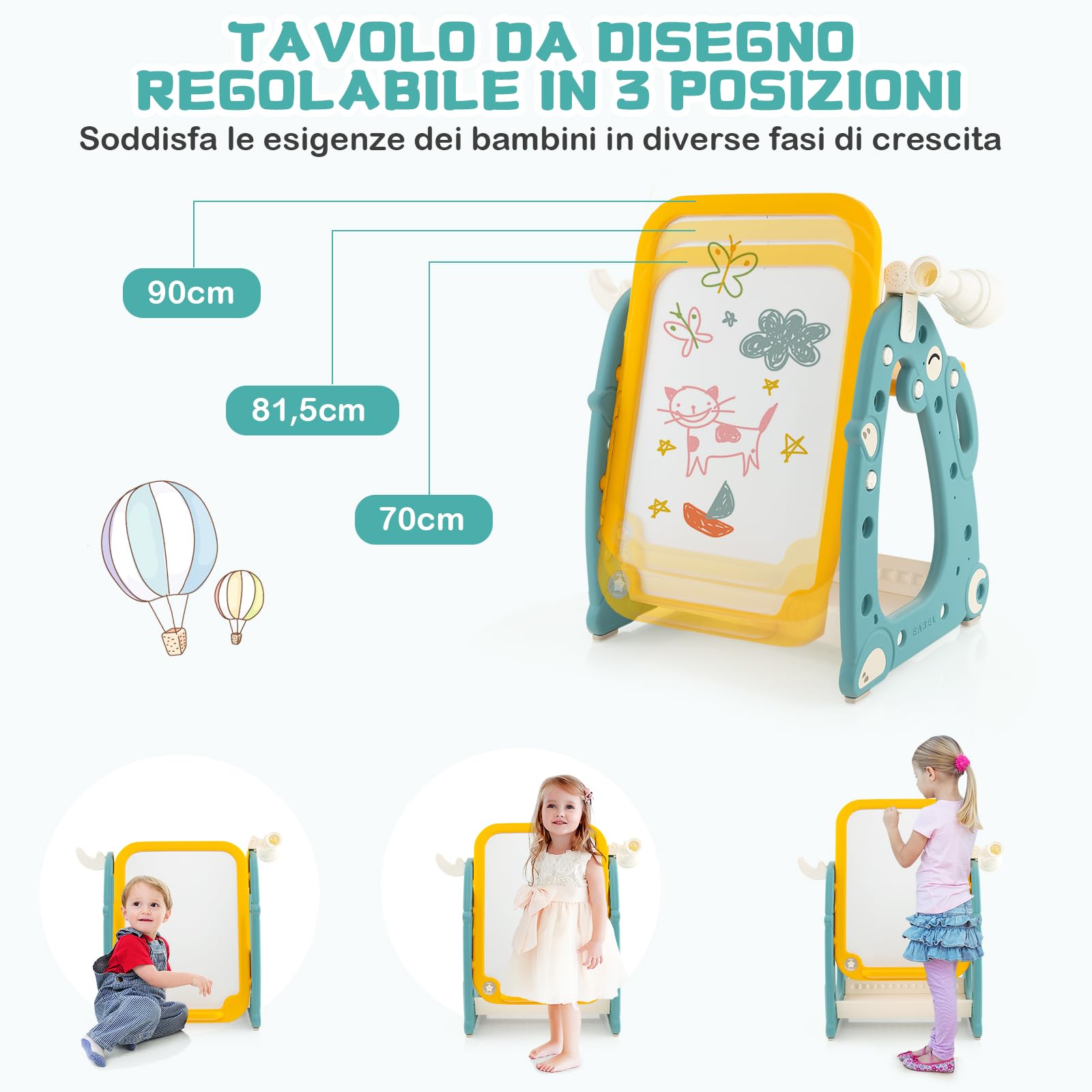 GYMAX Tavolozza Artistica 4 in 1 per Bambini con Sedia, Set Tavolo e Sedia per Disegno per Bambini con Lavagna Magnetica Regolabile, Lavagna Cancellabile e Pennarelli, per Bambini da 1 a 8 Anni