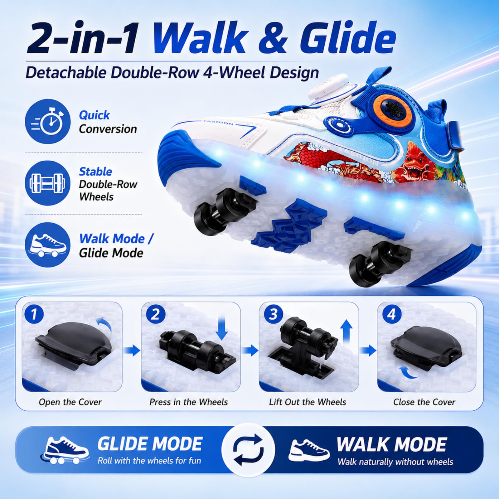 JJDFW 2-in-1-Schuhe für Kinder, zweireihig, abnehmbar, mit LED-Lichtern, Mesh-Obermaterial mit Drehverschluss und Drachen-Druck, 2-in-1-Schuhe, Weiß, Rot, Weiß, Blau
