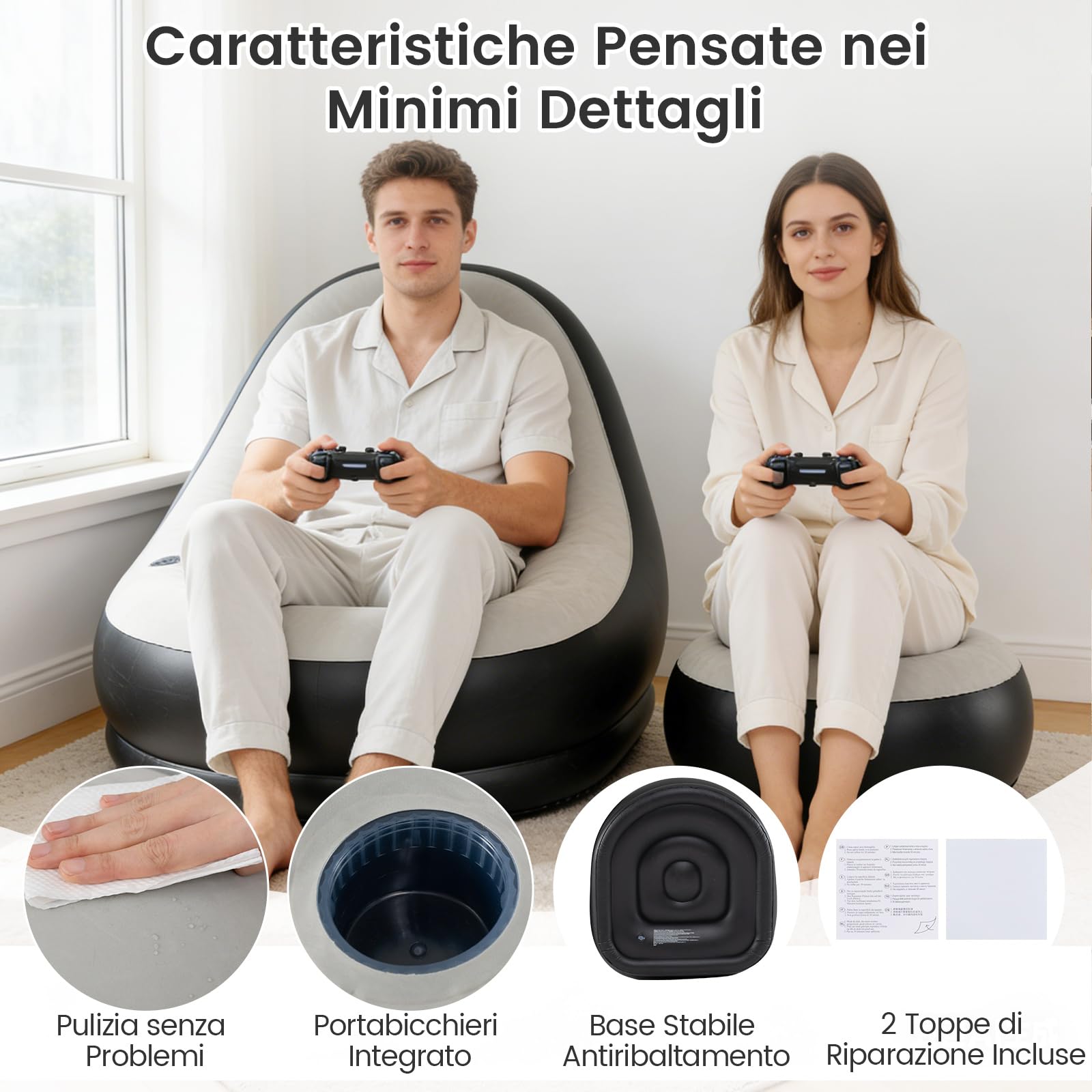 COSTWAY Poltrona Gonfiabile con Poggiapiedi, Divano Gonfiabile Portatile con Superficie Vellutata, Portabicchiere, Divano Singolo Gonfiabile per Esterno Interno Campeggio Viaggi