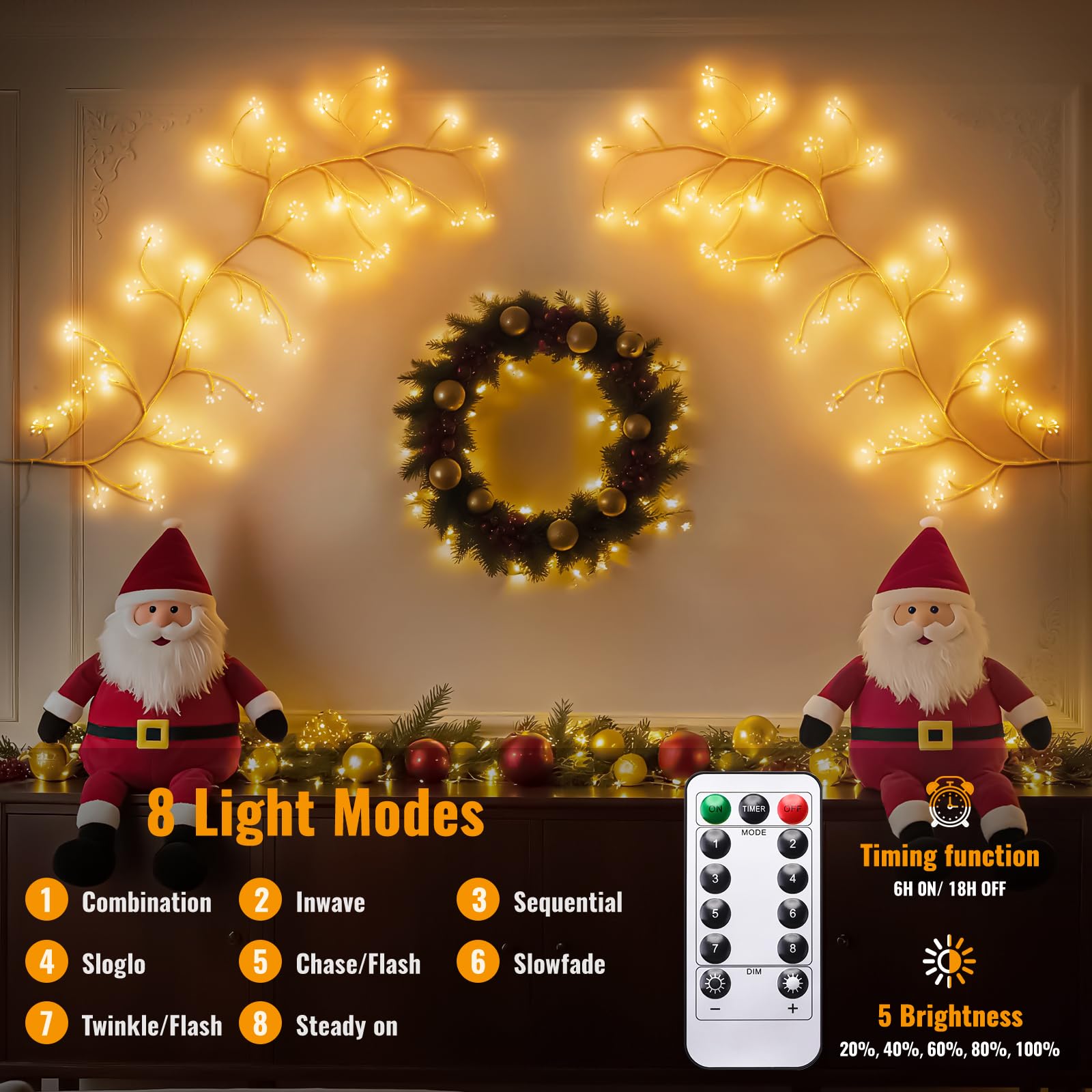 Ghirlanda Luminosa Luci a Fuochi d’Artificio, 8 Modalità Luci Albero con Telecomando e Timer, 288 LED Rami Albero Fai-da-te con Spina, Decorazione da Parete Interna per Camera da Letto e Natale