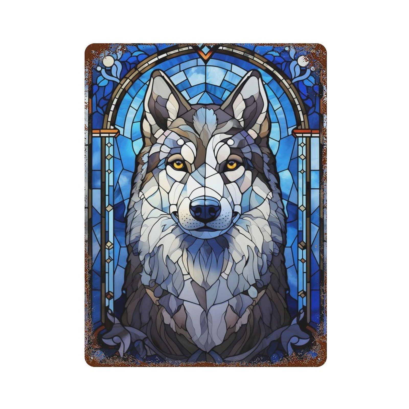 Husky Dog Stained Glass Rustic Tin Plaque 15.7"x11.8", Ideal for Shed, Workshop And Garage Wall Decor