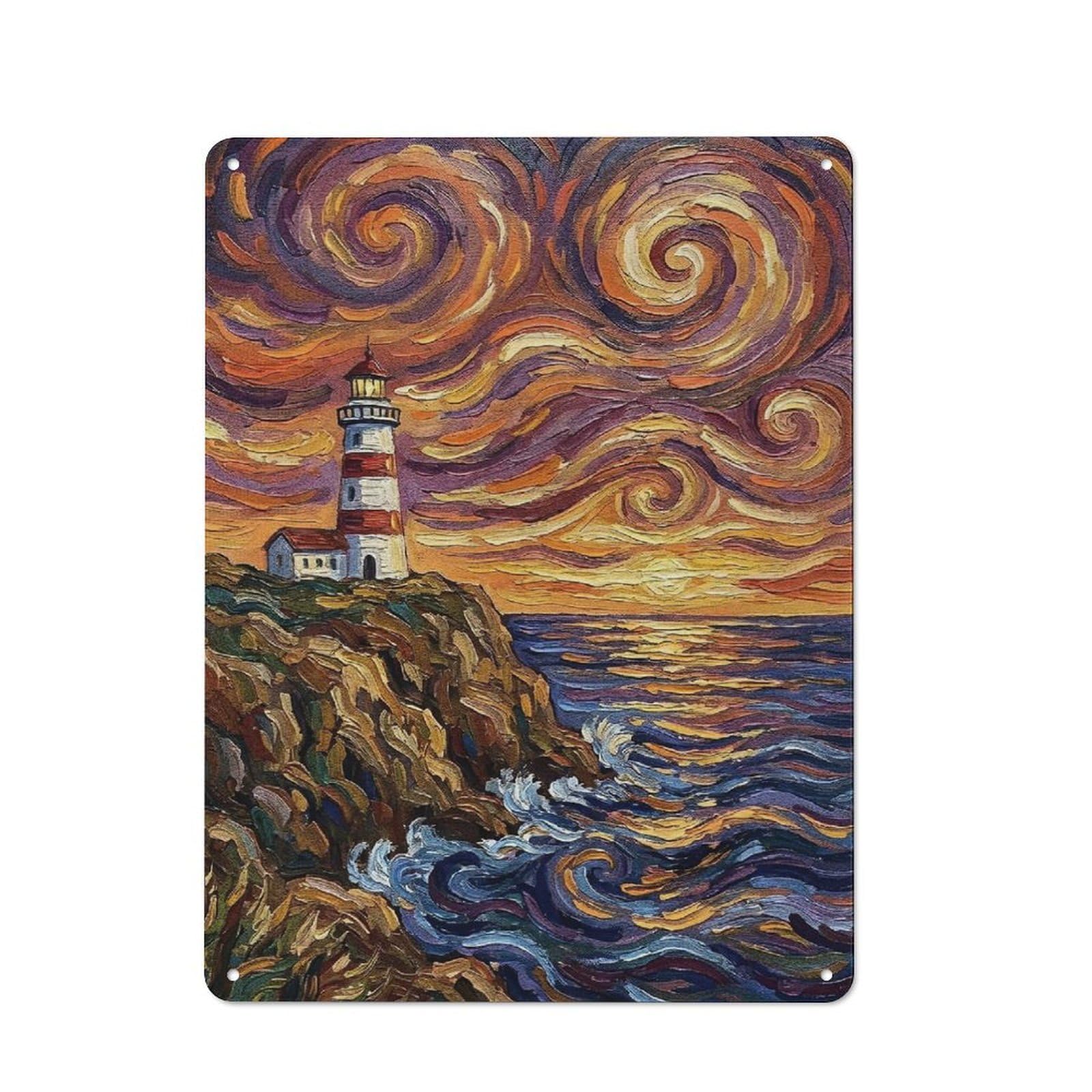 Understated Lighthouse at Sunset Painting Metal Wall Plaque 40x30cm, Creative Space Decor for Office, Study, Studio Or Hallway