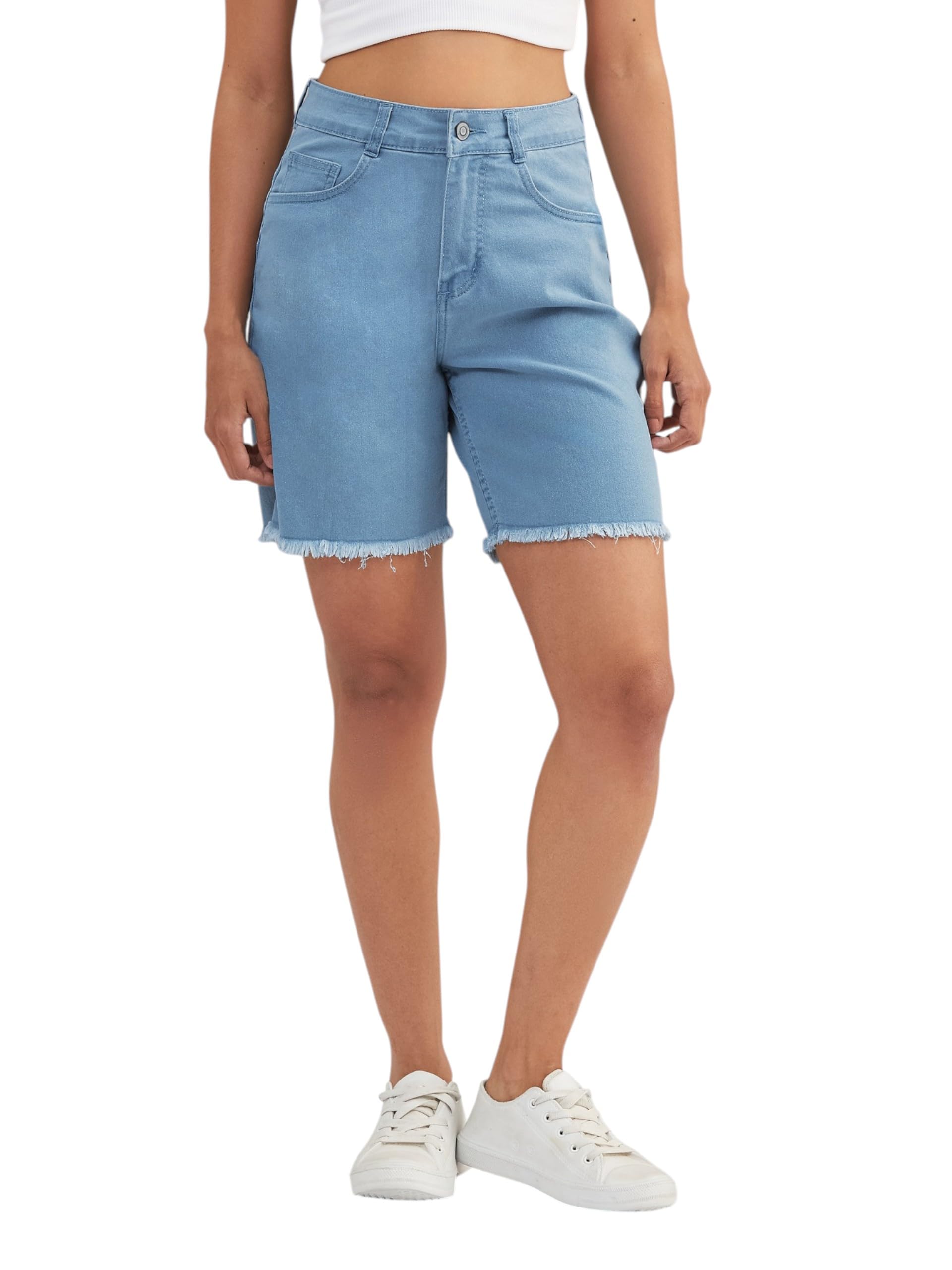 dolce crudo Women's Regular High-Rise Above Knee Stretchable Denim Shorts-picture-30