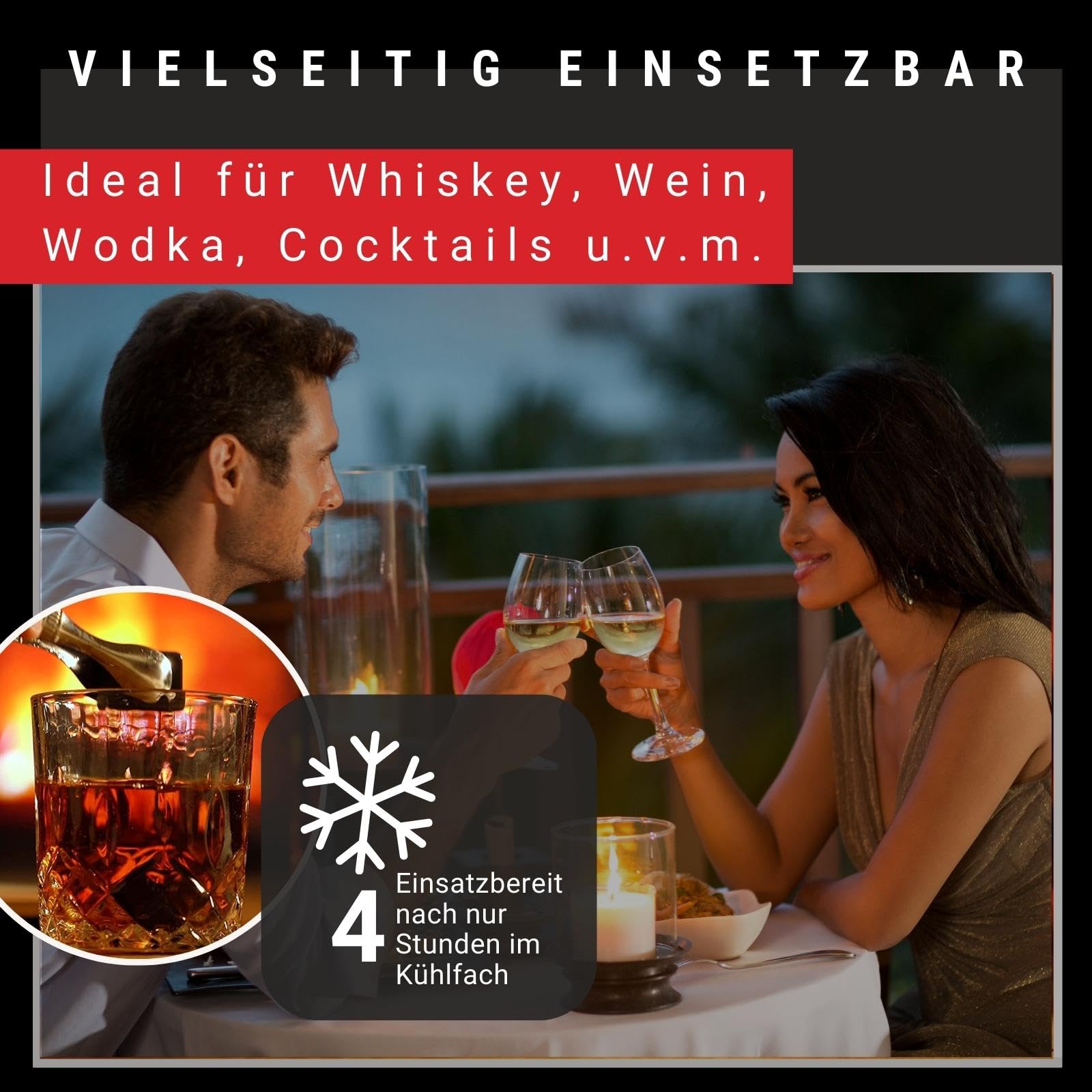 WOMA Whisky Steine Set I 4 Kühlwürfel inkl. Untersetzer, Edelstahlzange, Whiskey Glas & hochwertiger Holzbox I Wiederverwendbare Eiswürfel für Whiskey Wodka Gin Rum Tequila & Cocktails