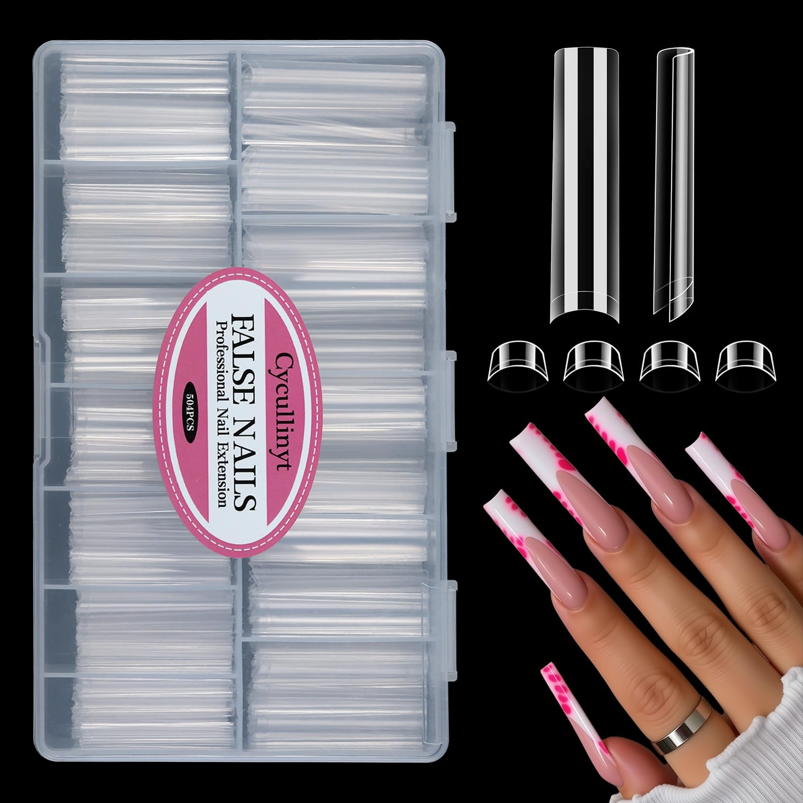 504PCS 3XL Square Nail Tips No C Curve, Extra Long Straight Square Half Cover French Acrylic Fake Nail Tips, Professional Clear False Nails Acrylic Gel Tips for Nail Salon DIY 12 Sizes