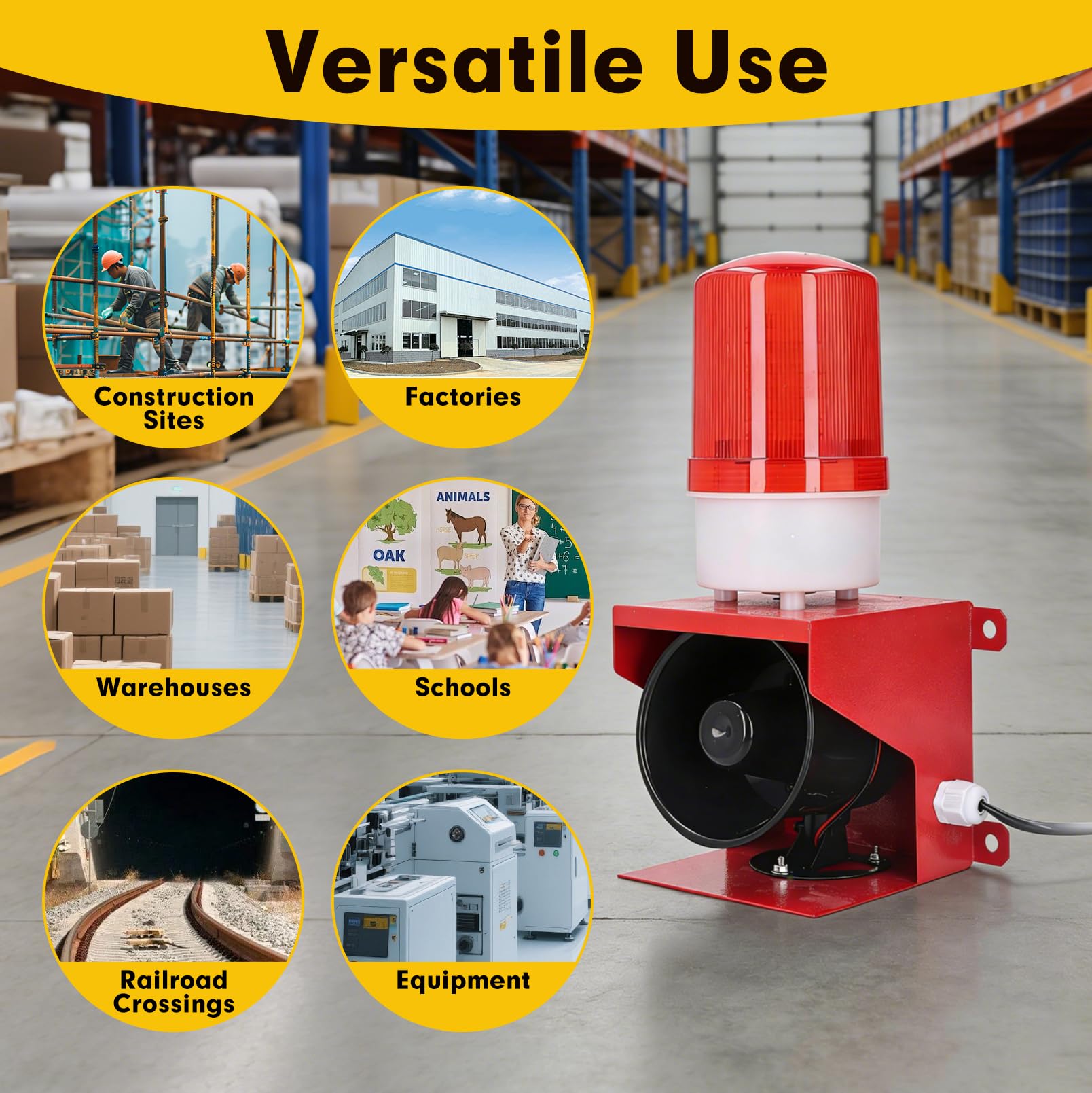 Sirena Industrial 115 dB con Luz LED Intermitente, Volumen Ajustable, IP65 Impermeable, Alarma Acústica y Visual AC 220V, Avisador de Seguridad, Luz de Advertencia LED, Enchufe UE