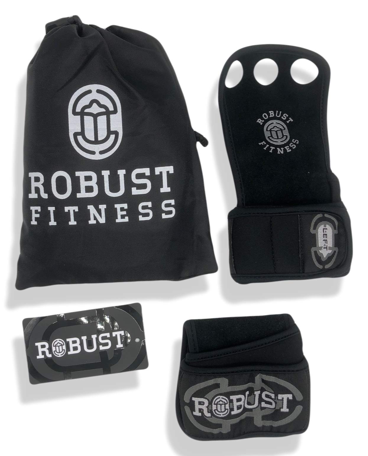 ROBUST FITNESS Genuine Leather Hand Grips for Cross-Training, Pull-ups, Weightlifting, WODs with Neoprene Wrist warps. Palm Shield from Rips & Blisters.