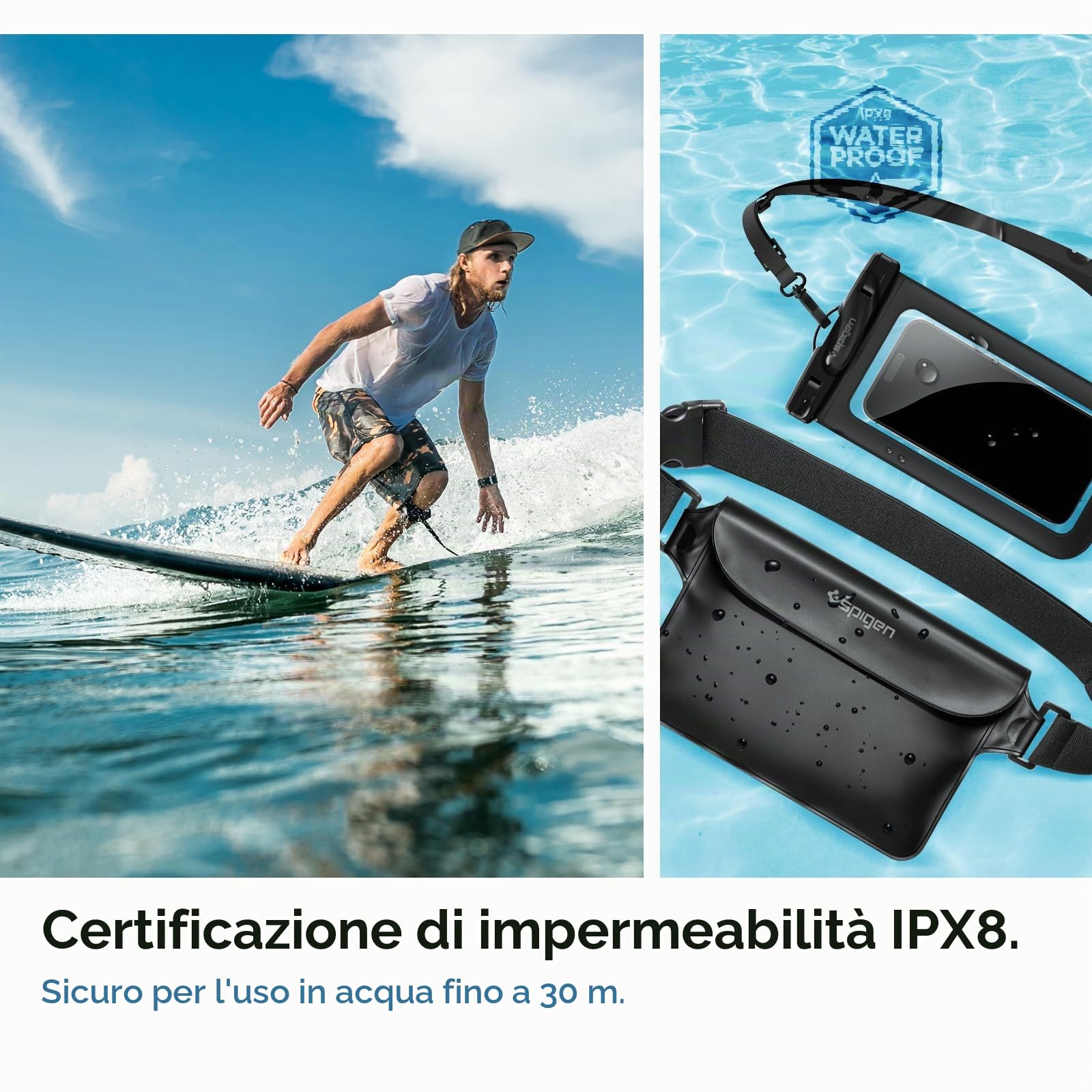 Spigen A621 Aqua Shield IPX8 Borsa impermeabile Marsupio e Custodia impermeabile galleggiante per Smartphone 2 pezzi - Nero