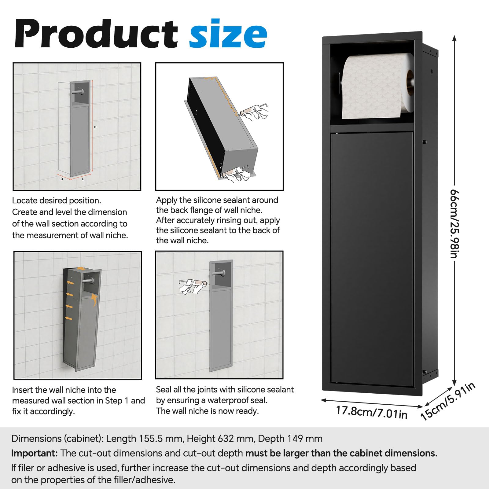 MSFE Portarrollos de Papel Higiénico Empotrado,Módulo de Armario Empotrado para Baño de Acero Inoxidable para Guardar Papel Higiénico y Escobilla de Baño en el Baño,Apertura a Presión,63x17.8x15CM