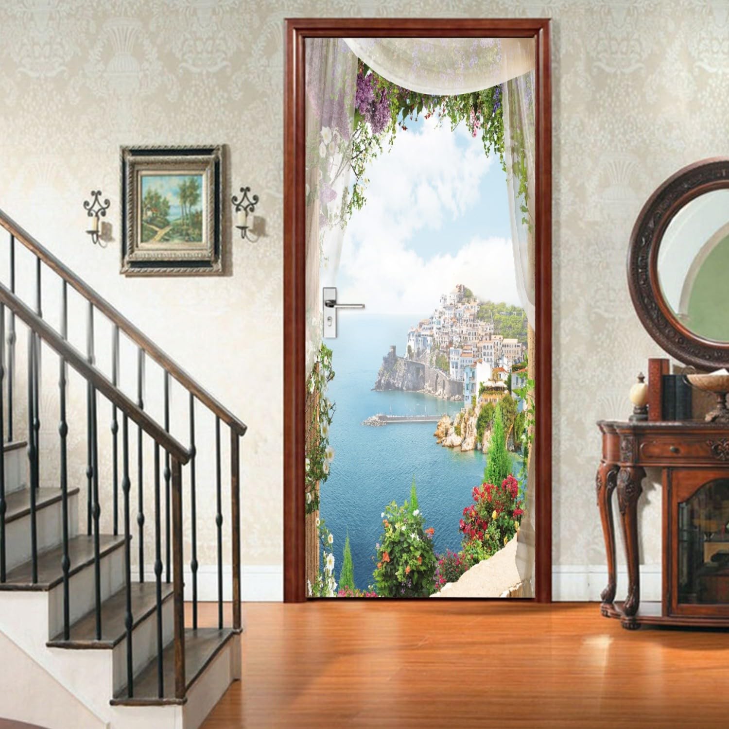 Trompe l'oeil Adesivi per Porte Finestra vista mare Autoadesiva Impermeabile,Vinile PVC, Carta da parati per pareti e porte poster per la camera da letto e il soggiorno 77 x 200 cm