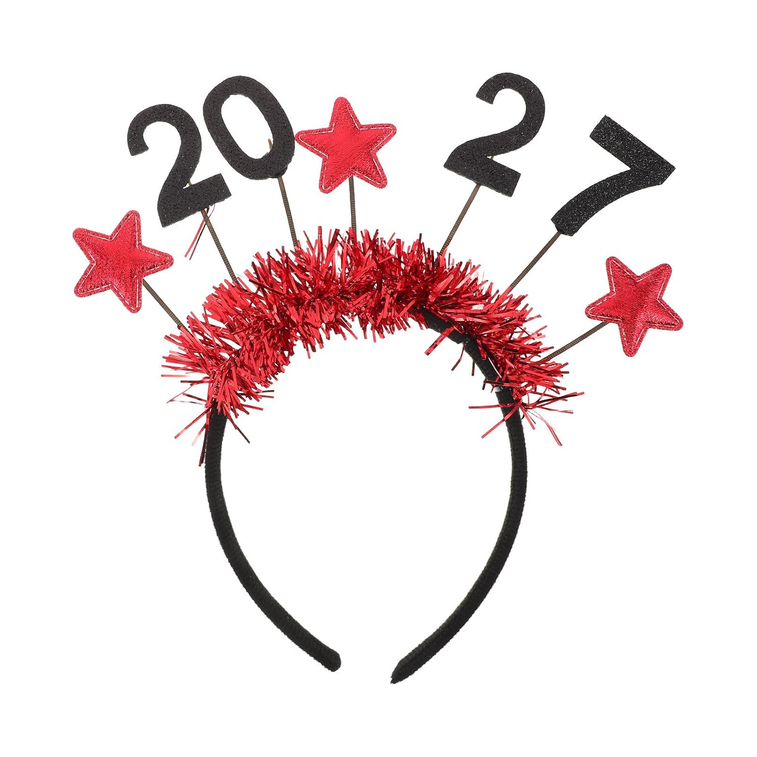 Happy New Year 2027 Headband, Red Tinsel Star Boppers with Glitter 2027 Numbers, Nonwoven Graduation Hair Hoop, NYE Party Favor & Photo Prop