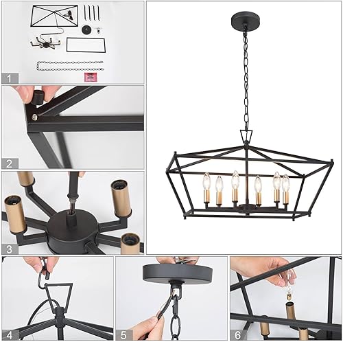 Miniatura 7 de LOG BARN Lámpara de granja, lámpara colgante de 6 luces para comedor, iluminación colgante para isla de cocina, lámpara de linterna de metal grande