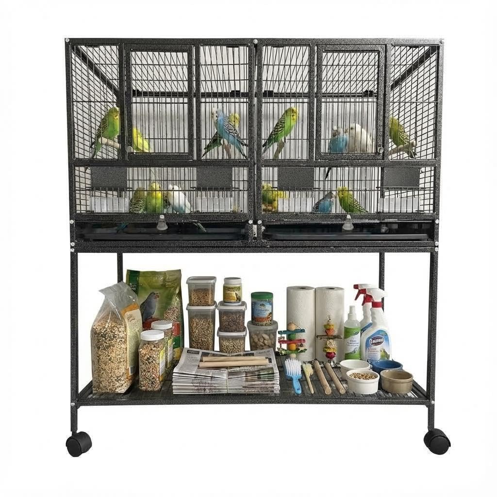Vogelkäfig groß, Doppelkäfig Vögel mit 4 Rollen, Trennwand & Futternapf, Vogelvoliere aus Metall mit 4 Holzstangen & herausziehbarer Reinigungswanne, Zuchtkäfig geteilter Vogelhaus 94x45x106cm